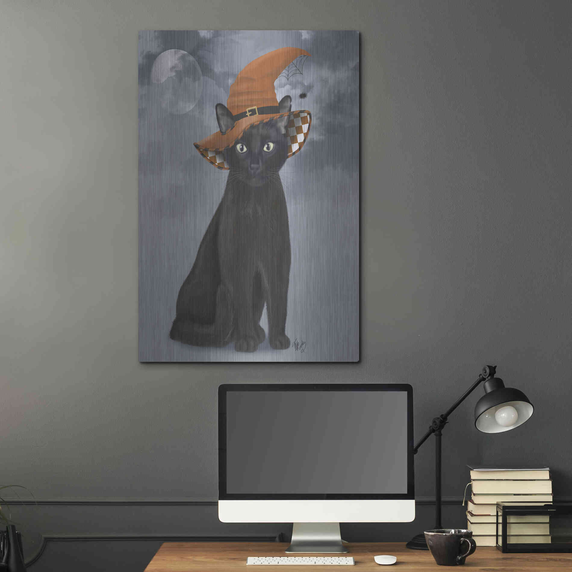 Luxe Metal Art 'Halloween Black Cat in Witches Hat' by Fab Funky Metal Wall Art,24x36