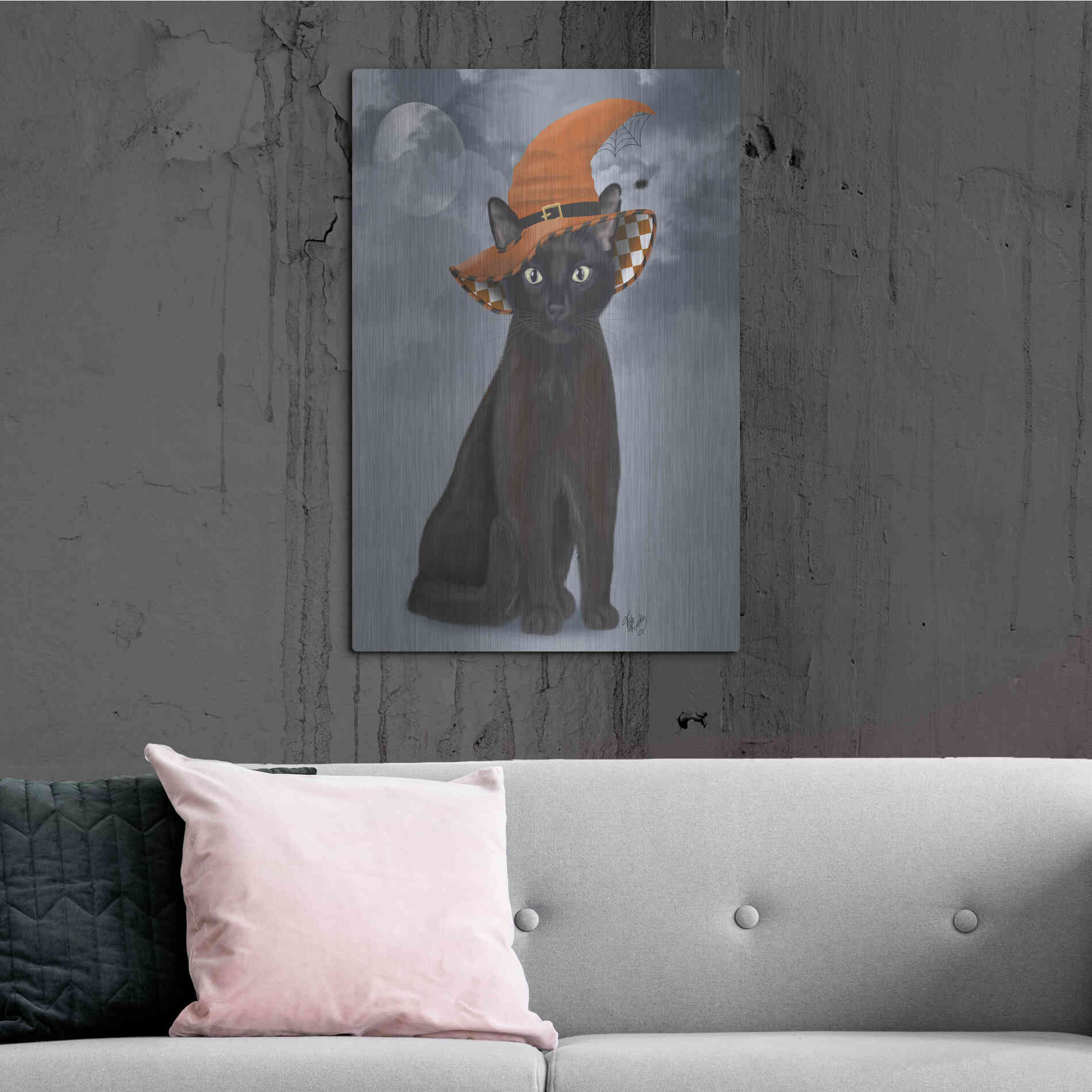 Luxe Metal Art 'Halloween Black Cat in Witches Hat' by Fab Funky Metal Wall Art,24x36