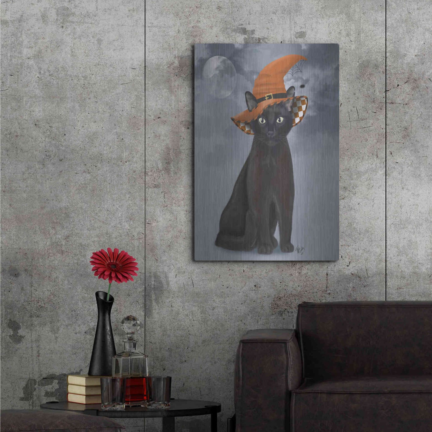 Luxe Metal Art 'Halloween Black Cat in Witches Hat' by Fab Funky Metal Wall Art,24x36