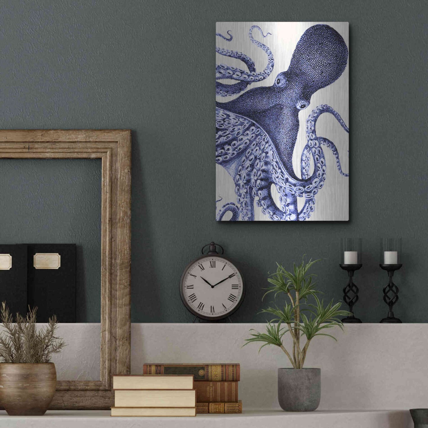 Luxe Metal Art 'Landscape Blue Octopus' by Fab Funky Metal Wall Art,12x16