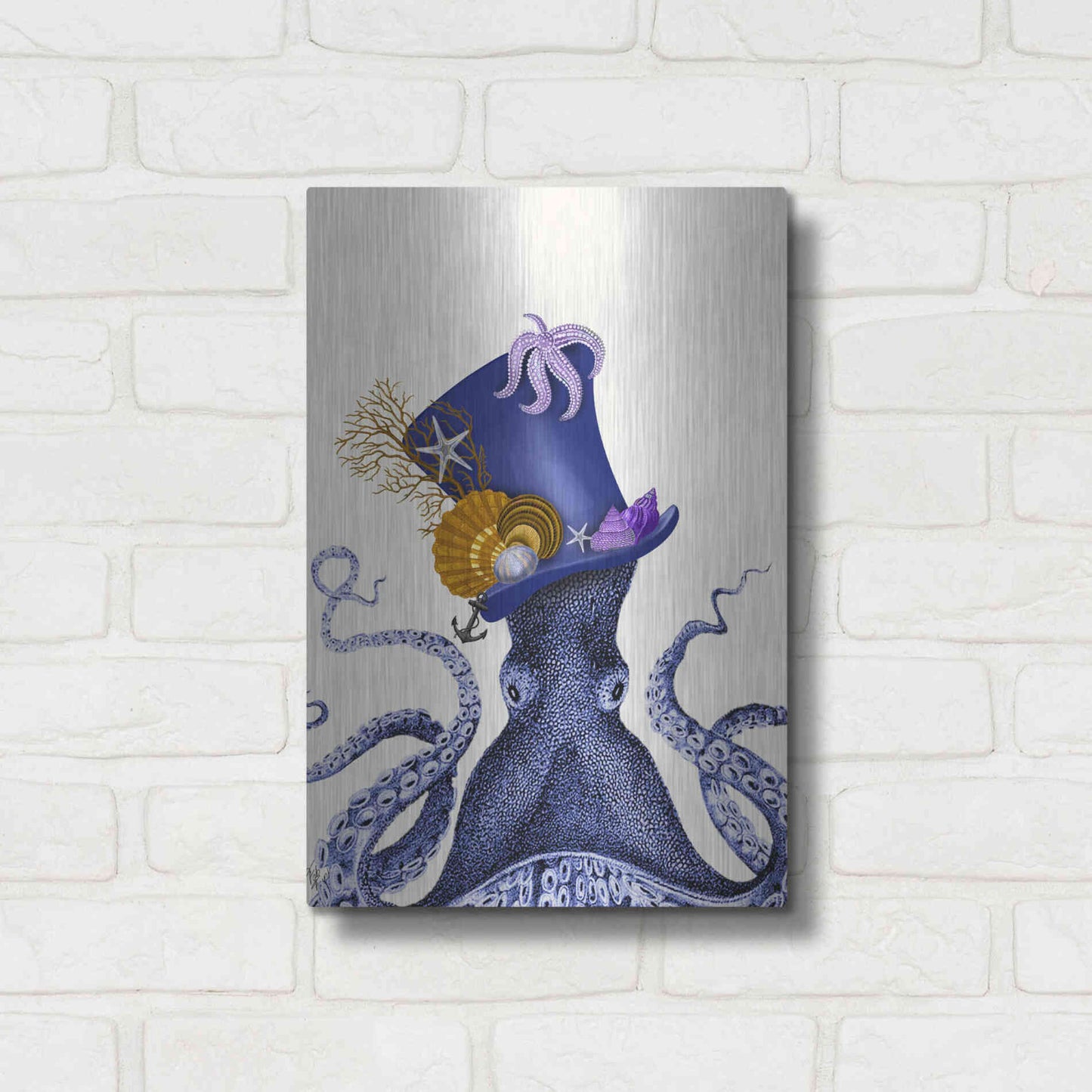 Luxe Metal Art 'Octopus Nautical Hat' by Fab Funky Metal Wall Art,12x16