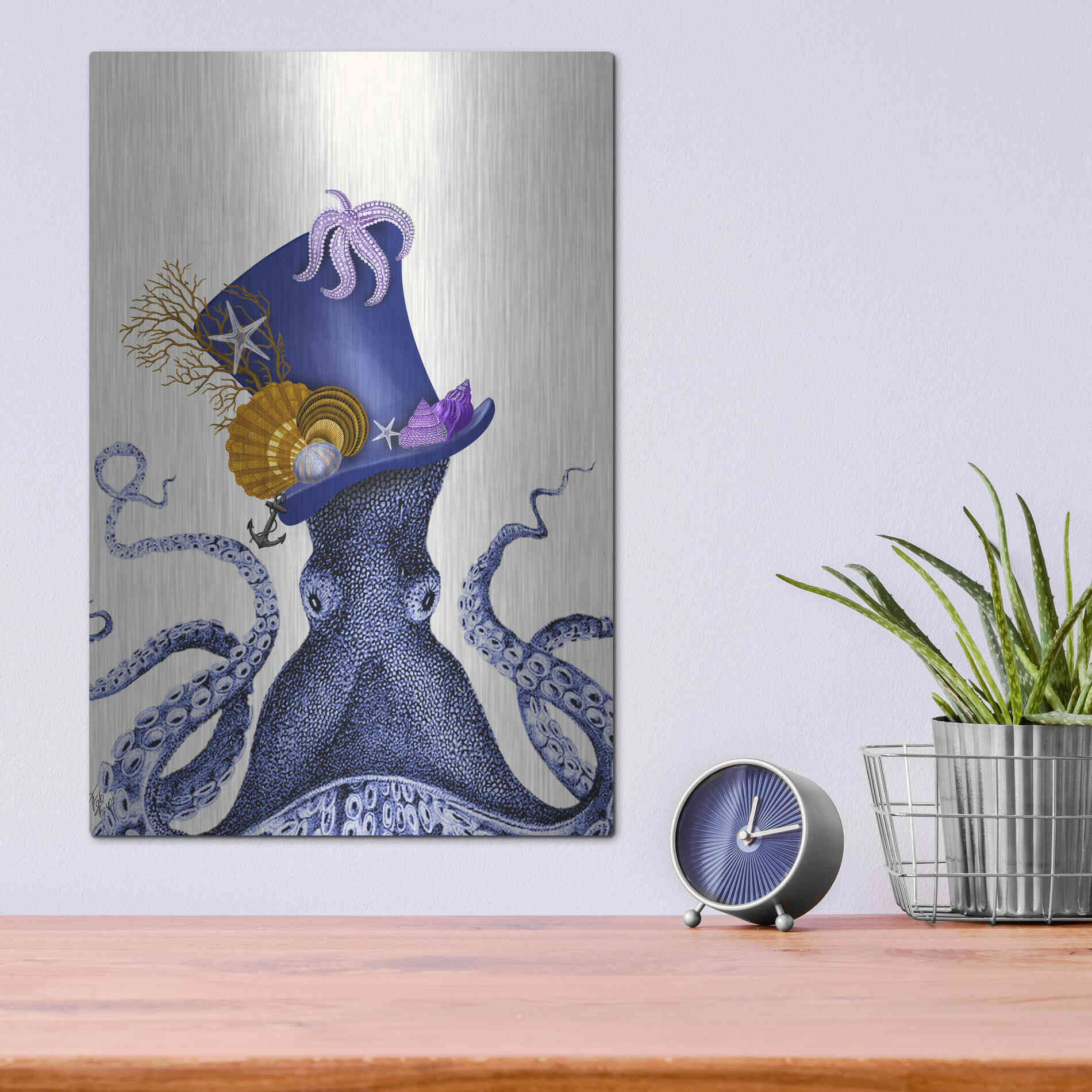 Luxe Metal Art 'Octopus Nautical Hat' by Fab Funky Metal Wall Art,12x16