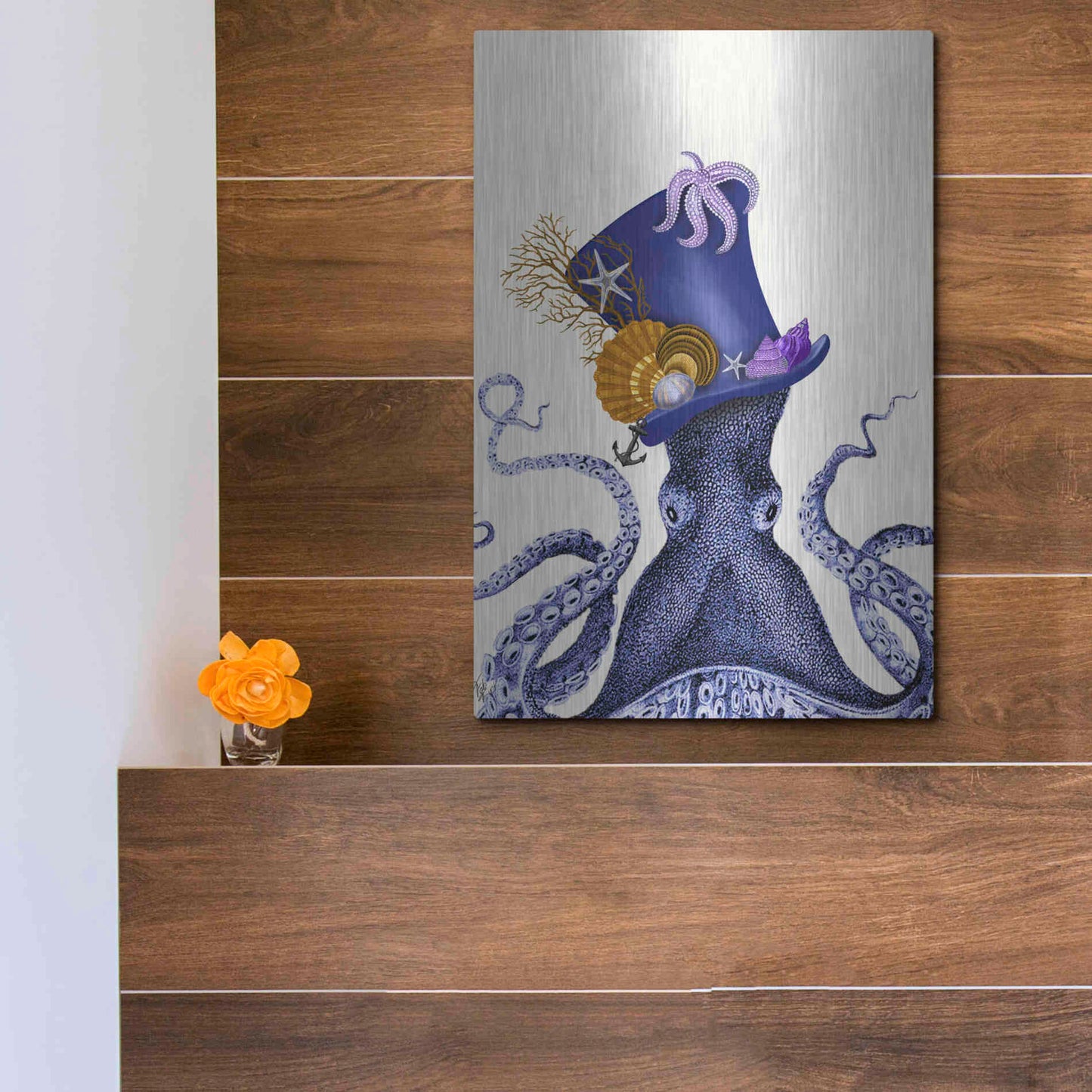 Luxe Metal Art 'Octopus Nautical Hat' by Fab Funky Metal Wall Art,12x16