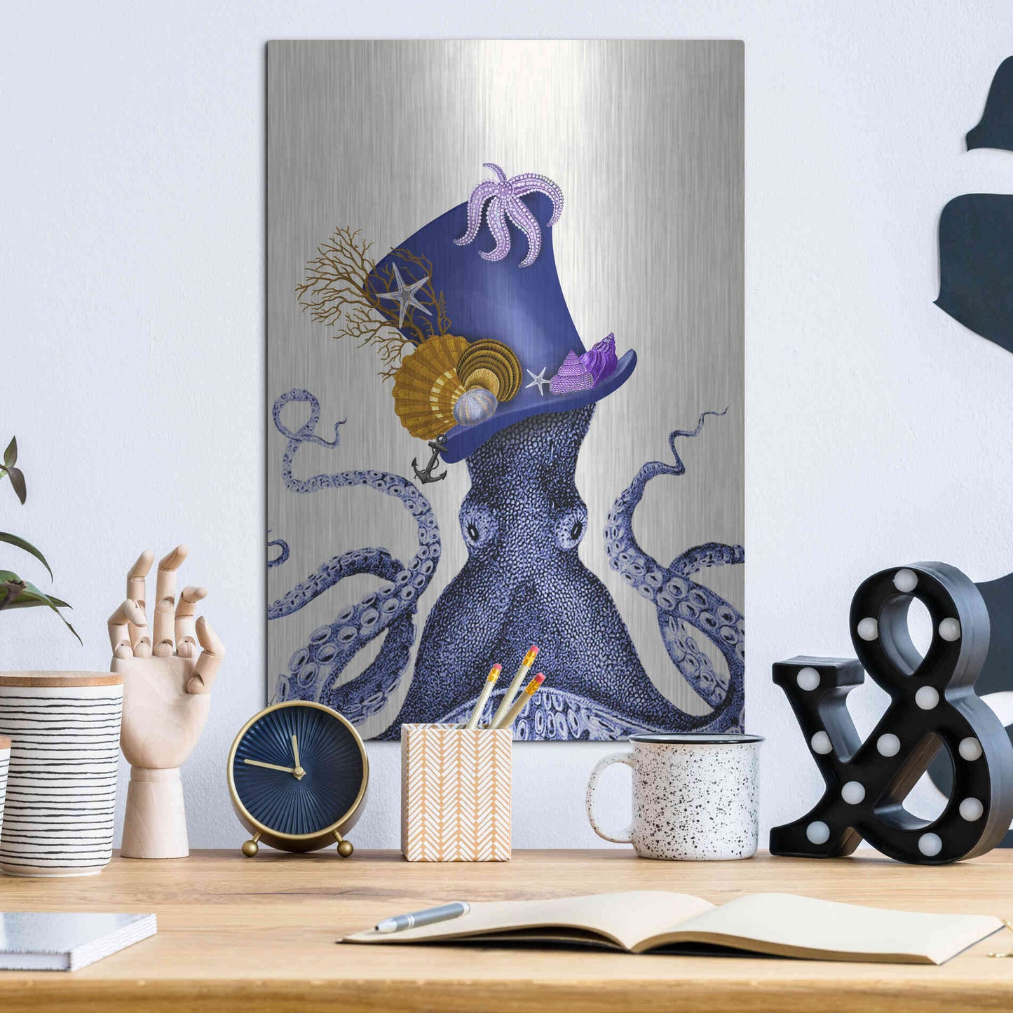 Luxe Metal Art 'Octopus Nautical Hat' by Fab Funky Metal Wall Art,12x16