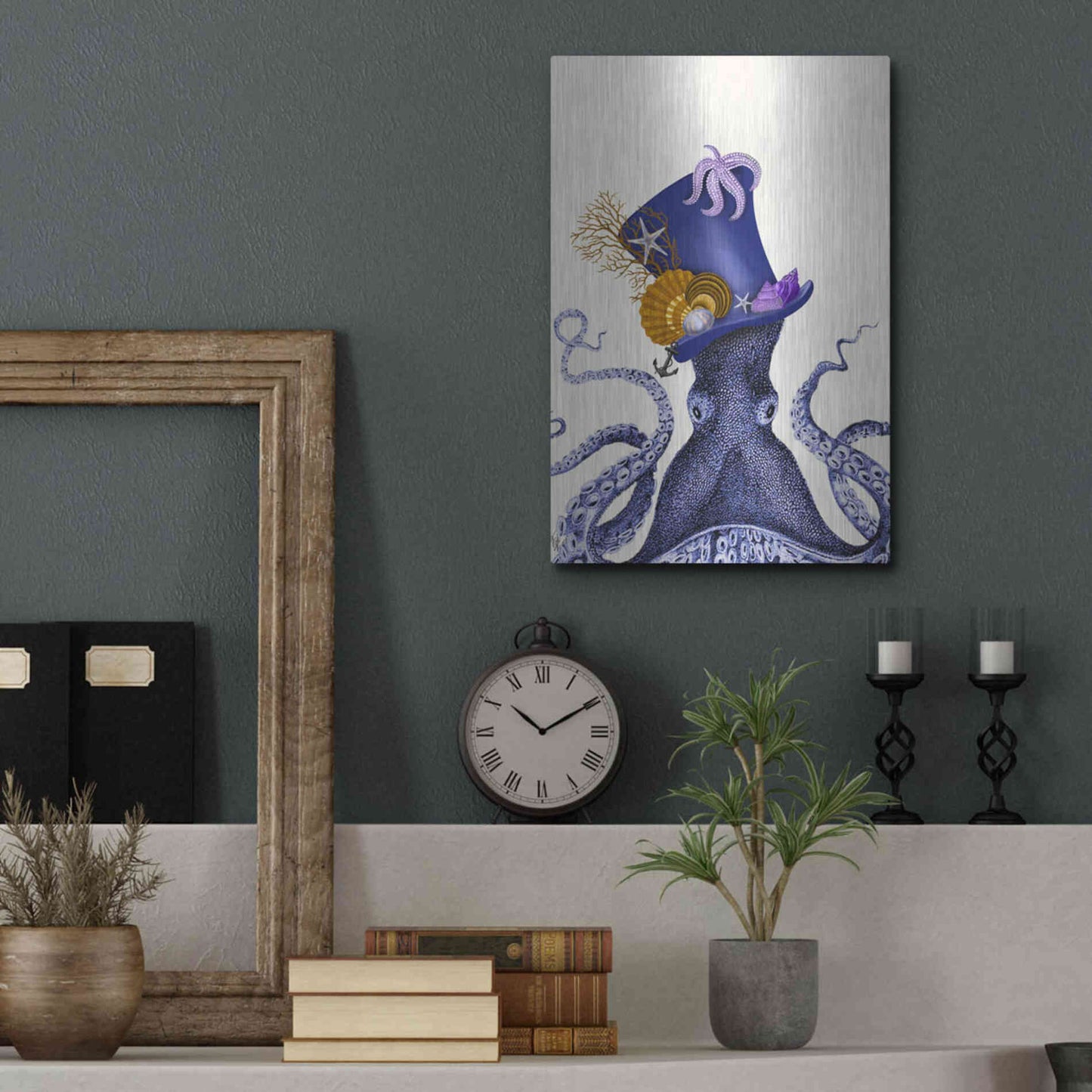 Luxe Metal Art 'Octopus Nautical Hat' by Fab Funky Metal Wall Art,12x16