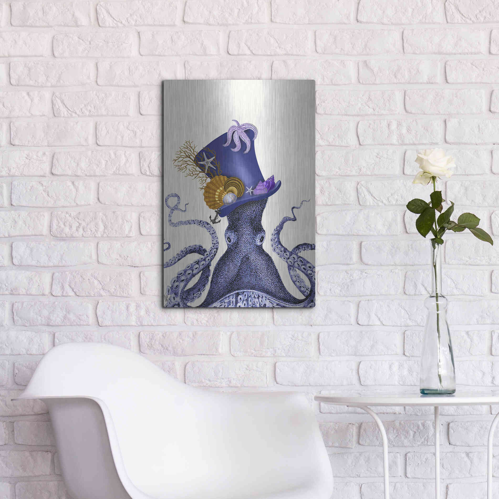 Luxe Metal Art 'Octopus Nautical Hat' by Fab Funky Metal Wall Art,16x24