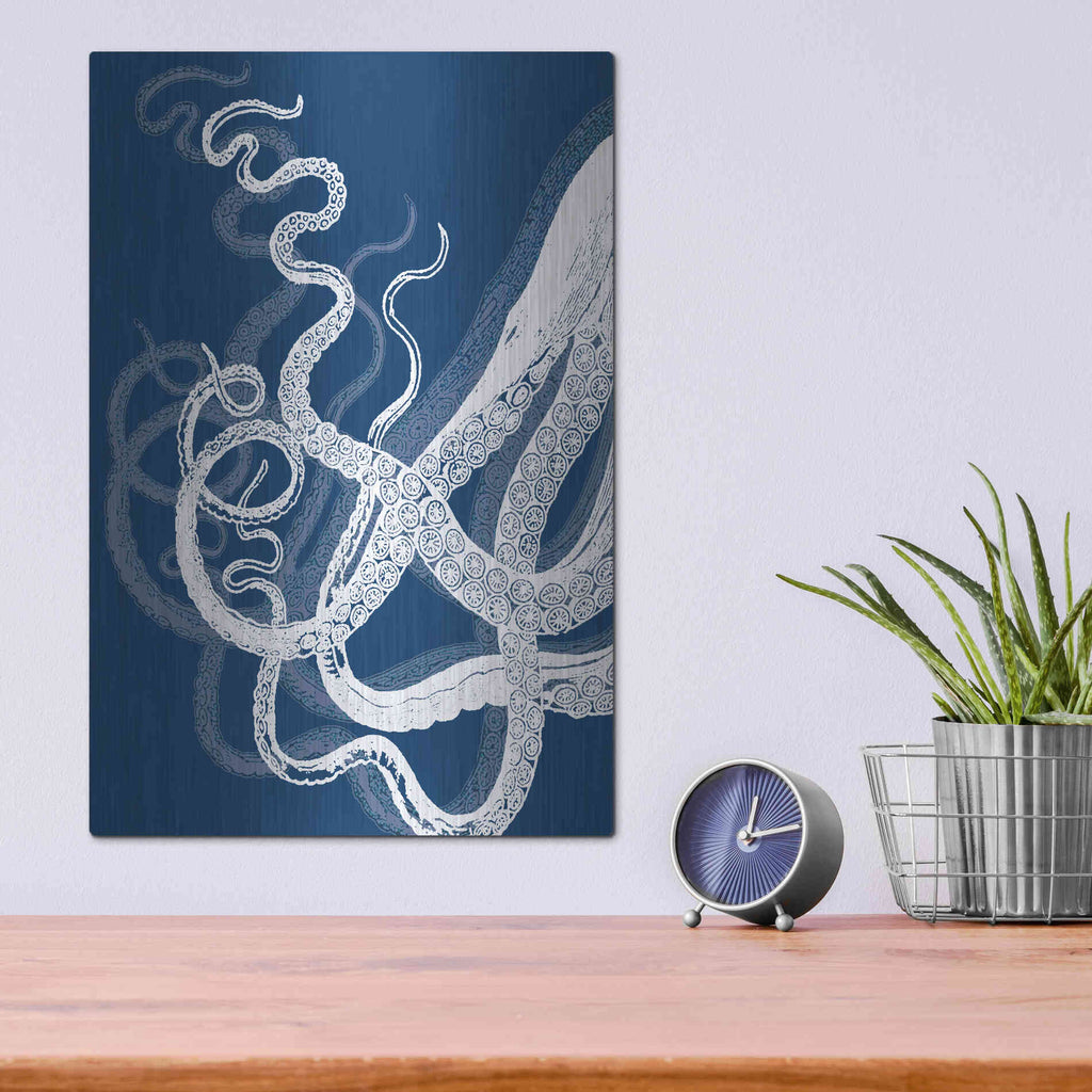 Luxe Metal Art 'Octopus Tentacles Blue And White' by Fab Funky Metal Wall Art,12x16