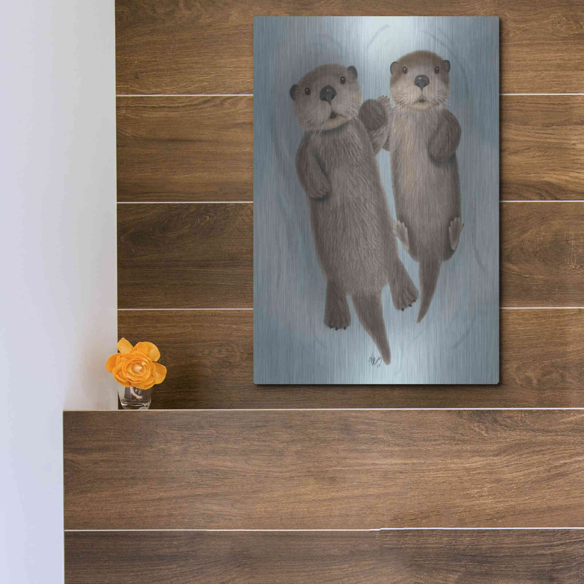 Luxe Metal Art 'Otters Holding Hands' by Fab Funky Metal Wall Art,12x16