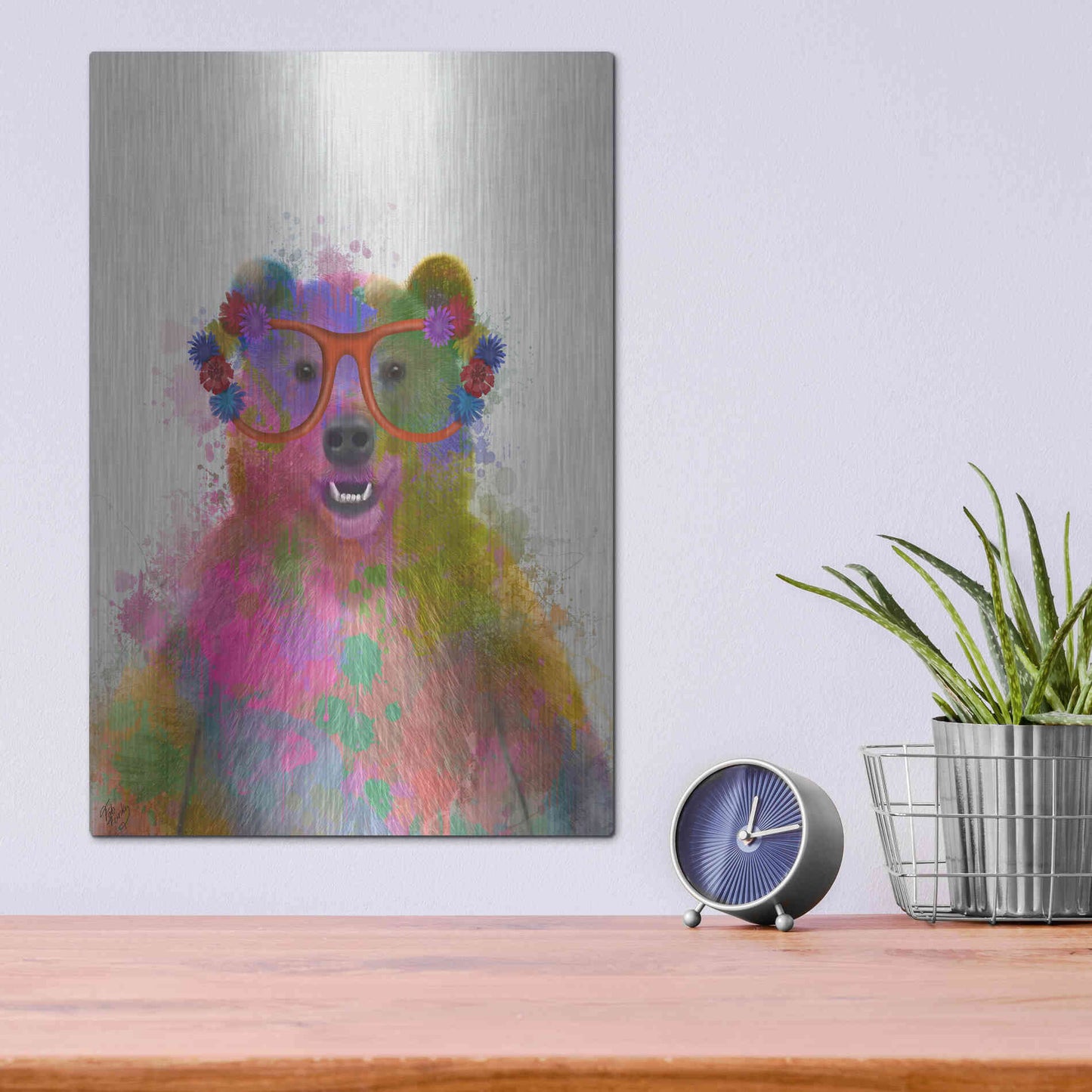 Luxe Metal Art 'Rainbow Splash Bear' by Fab Funky Metal Wall Art,12x16