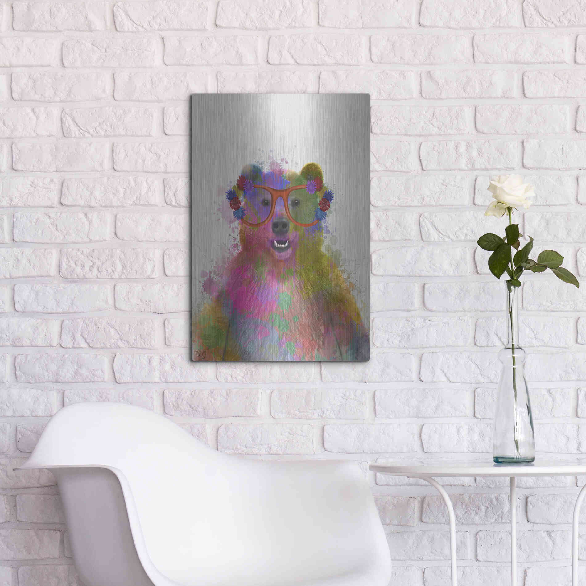 Luxe Metal Art 'Rainbow Splash Bear' by Fab Funky Metal Wall Art,16x24