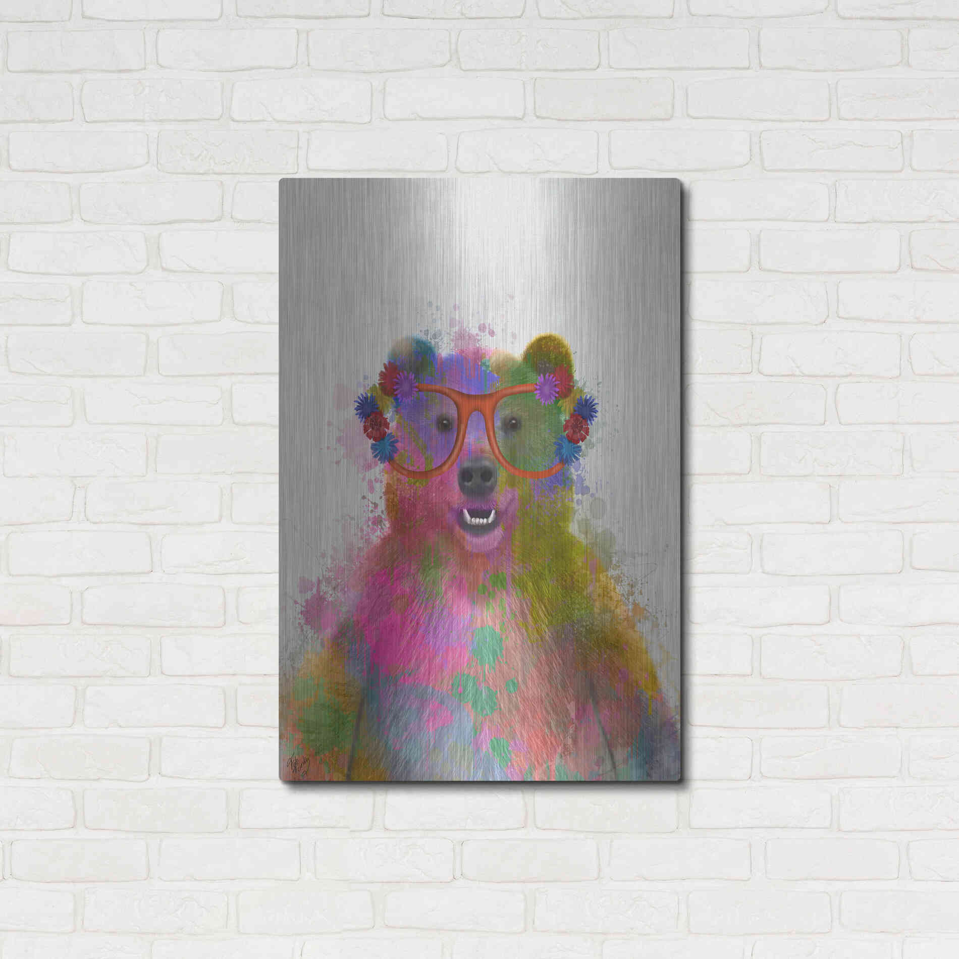 Luxe Metal Art 'Rainbow Splash Bear' by Fab Funky Metal Wall Art,24x36