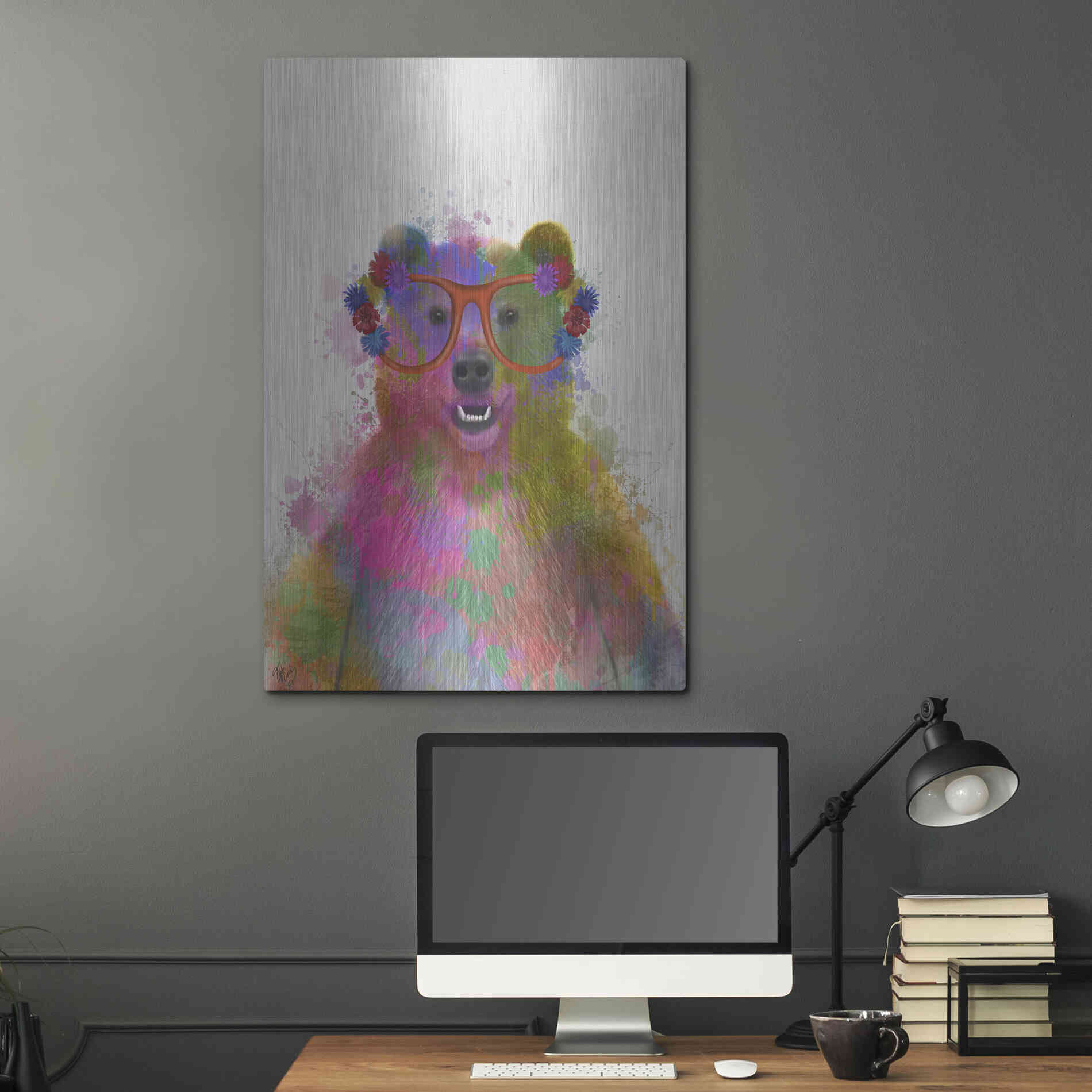 Luxe Metal Art 'Rainbow Splash Bear' by Fab Funky Metal Wall Art,24x36