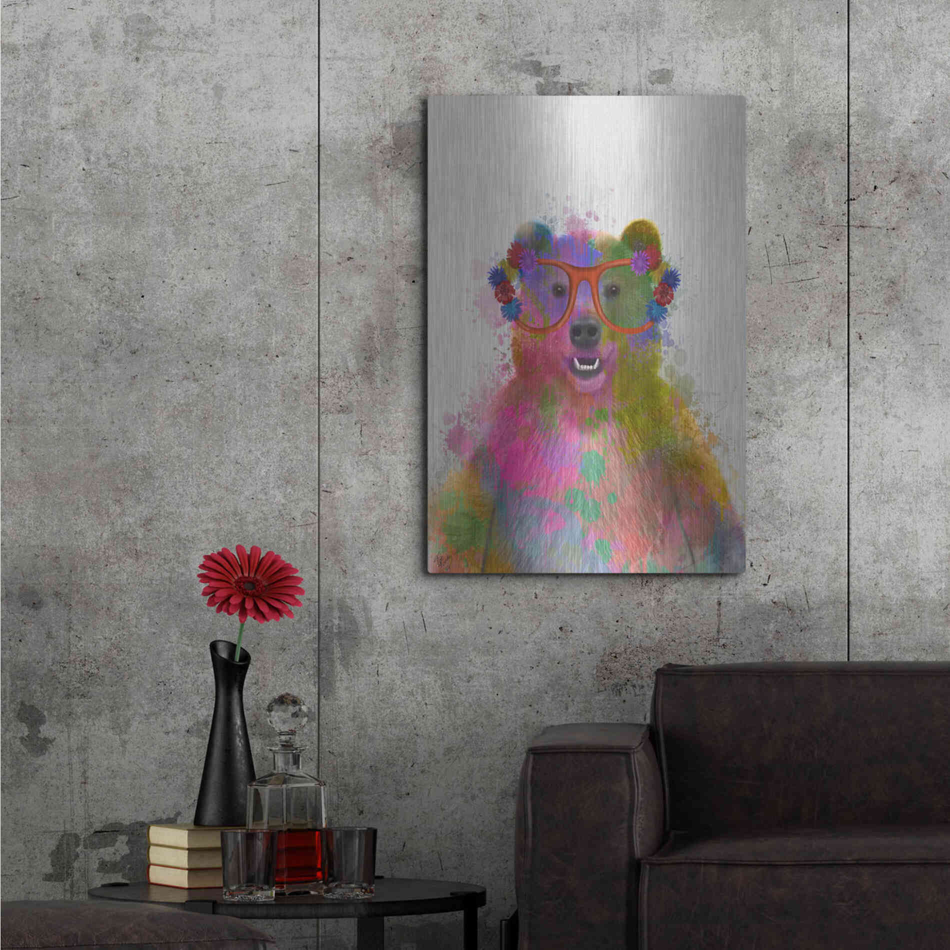 Luxe Metal Art 'Rainbow Splash Bear' by Fab Funky Metal Wall Art,24x36