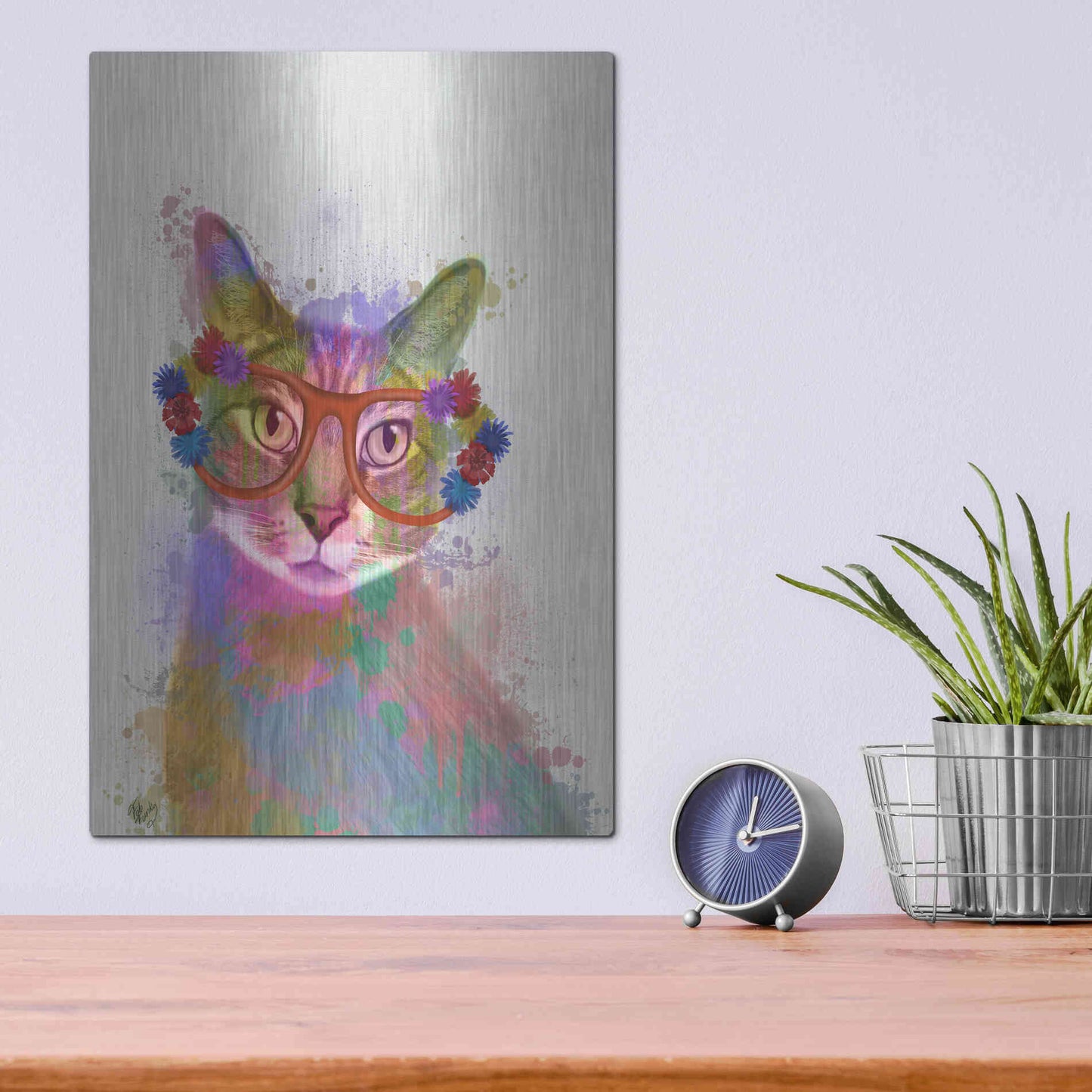 Luxe Metal Art 'Rainbow Splash Cat 1' by Fab Funky Metal Wall Art,12x16