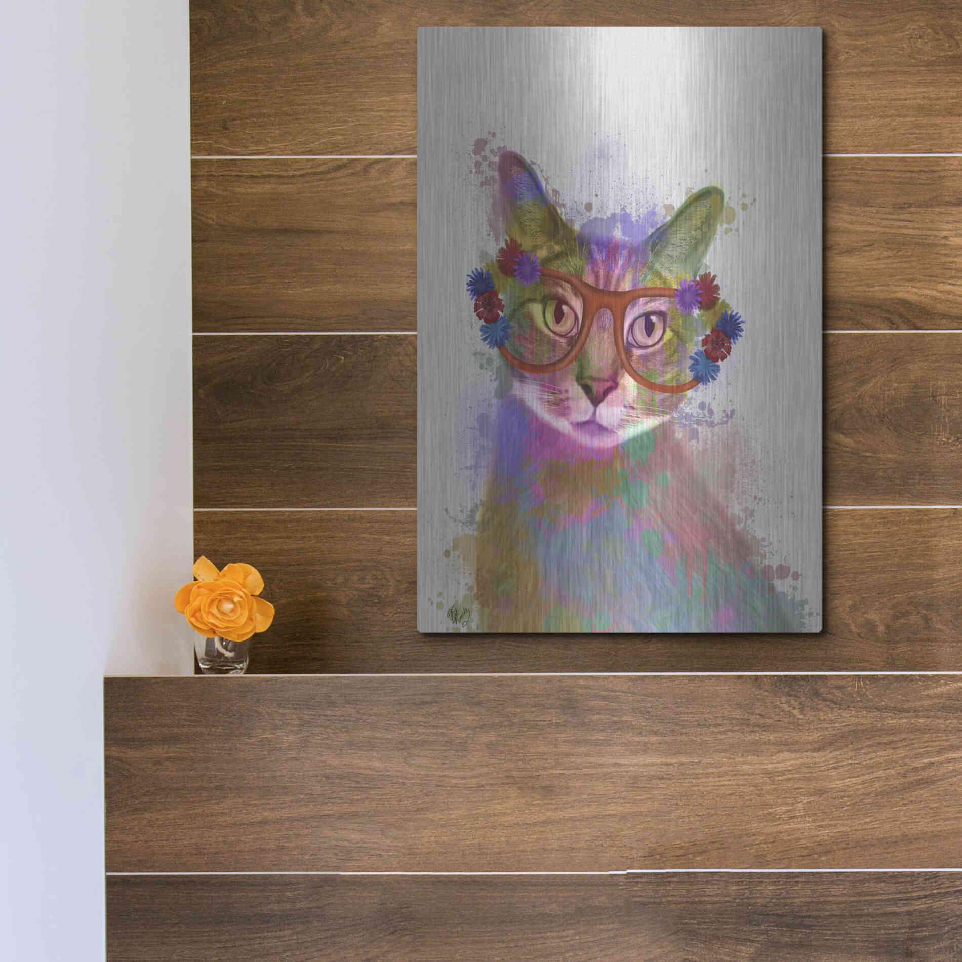 Luxe Metal Art 'Rainbow Splash Cat 1' by Fab Funky Metal Wall Art,12x16