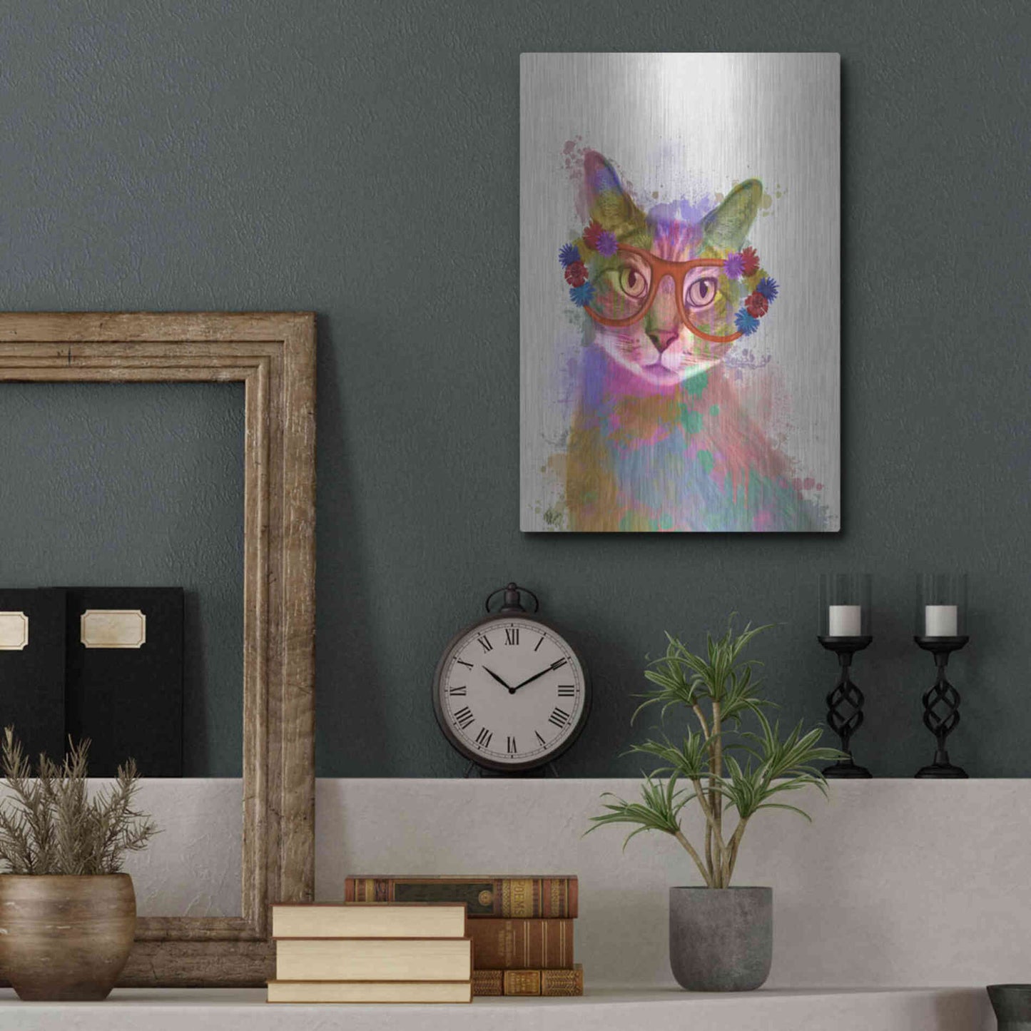 Luxe Metal Art 'Rainbow Splash Cat 1' by Fab Funky Metal Wall Art,12x16