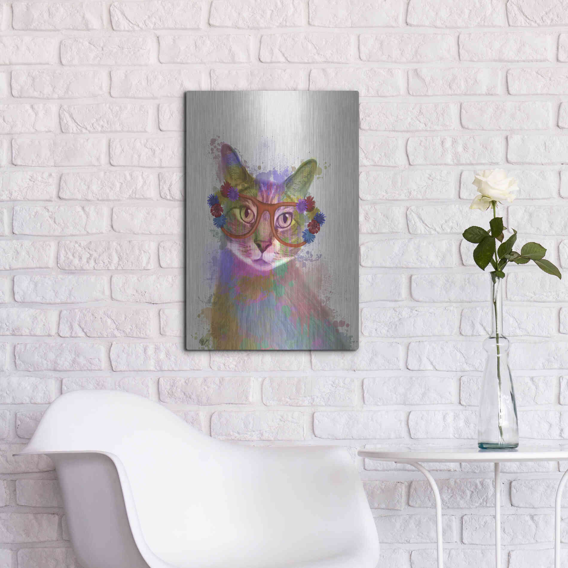 Luxe Metal Art 'Rainbow Splash Cat 1' by Fab Funky Metal Wall Art,16x24