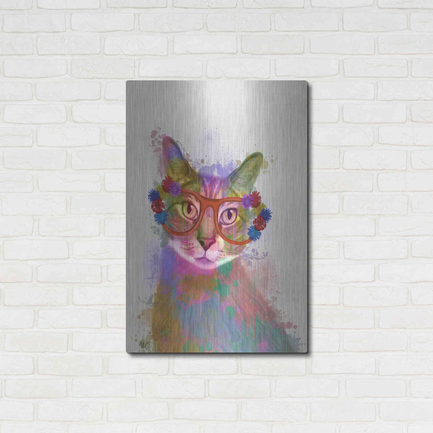 Luxe Metal Art 'Rainbow Splash Cat 1' by Fab Funky Metal Wall Art,24x36