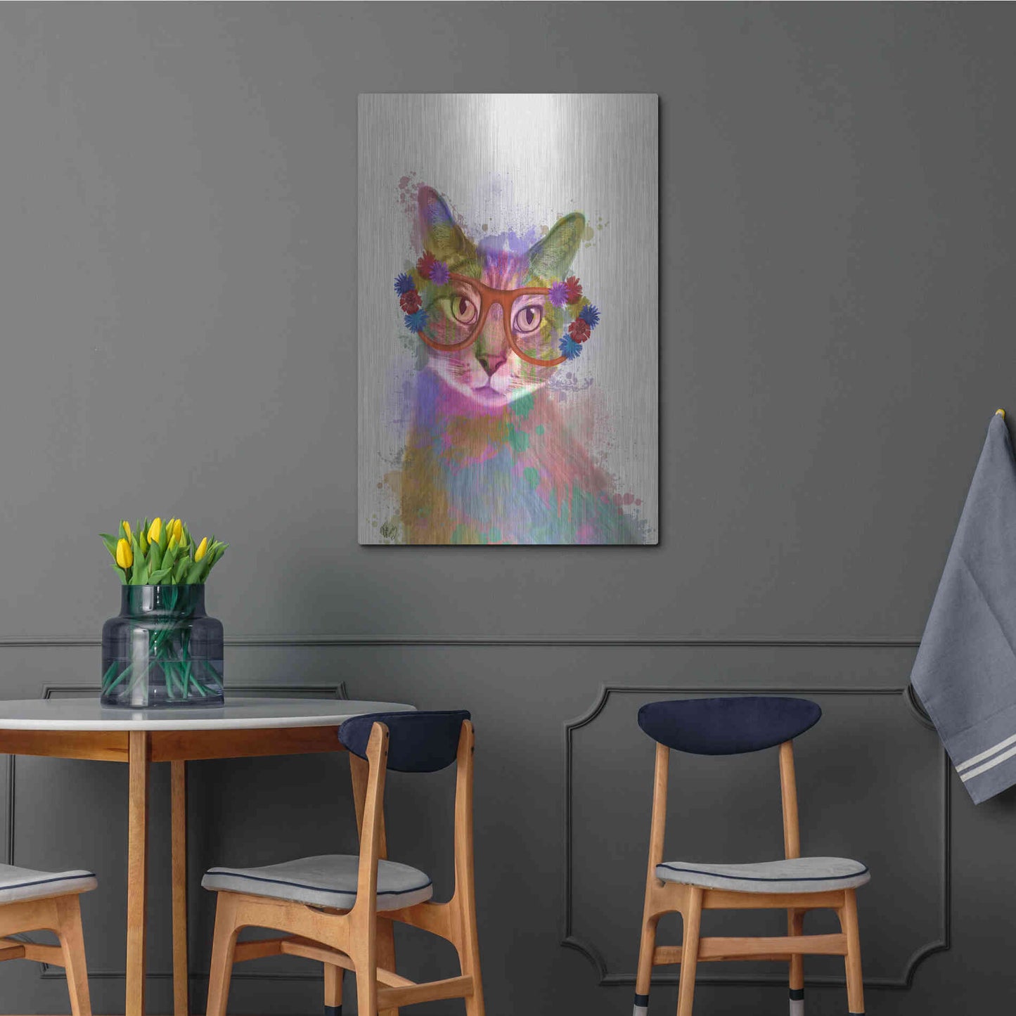 Luxe Metal Art 'Rainbow Splash Cat 1' by Fab Funky Metal Wall Art,24x36