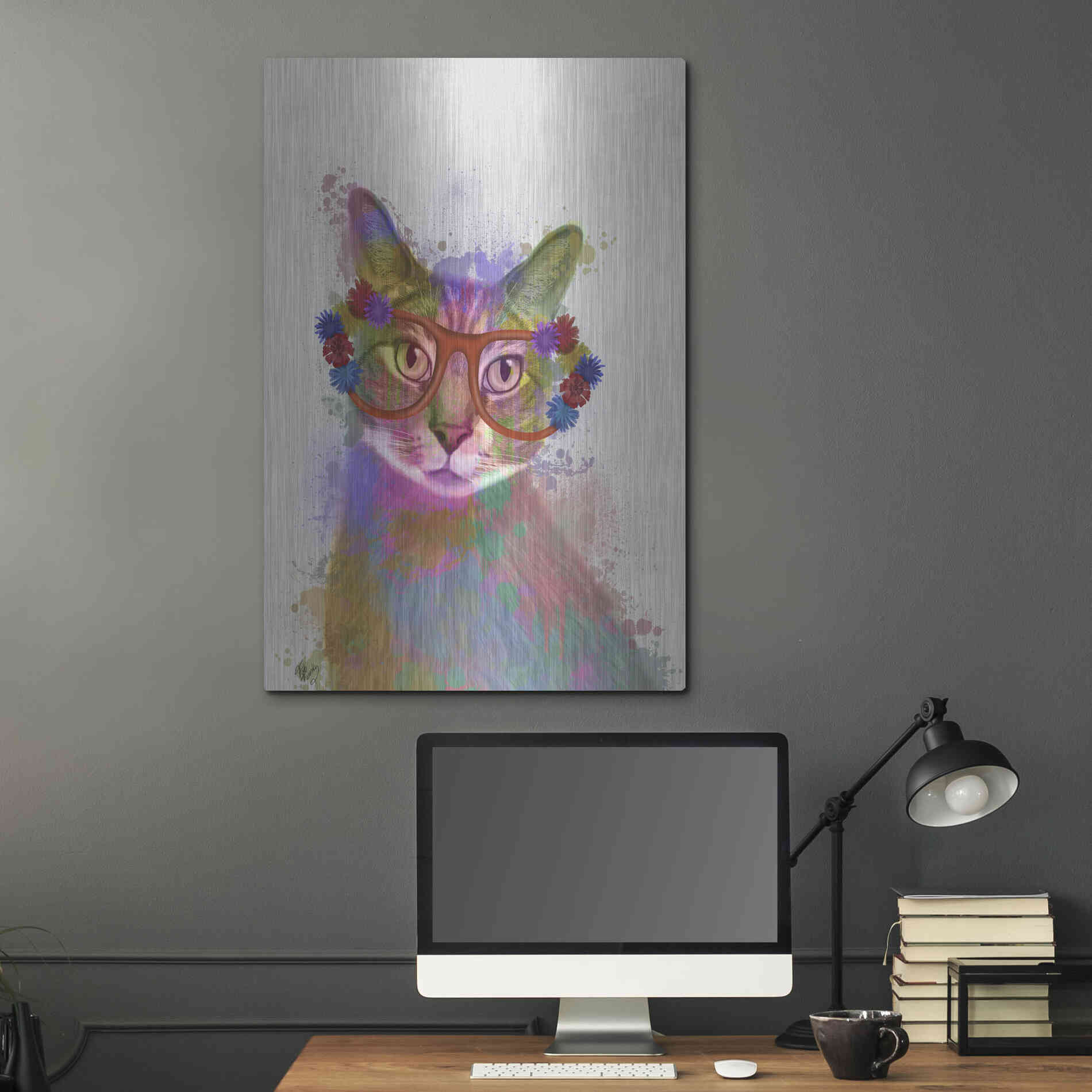 Luxe Metal Art 'Rainbow Splash Cat 1' by Fab Funky Metal Wall Art,24x36