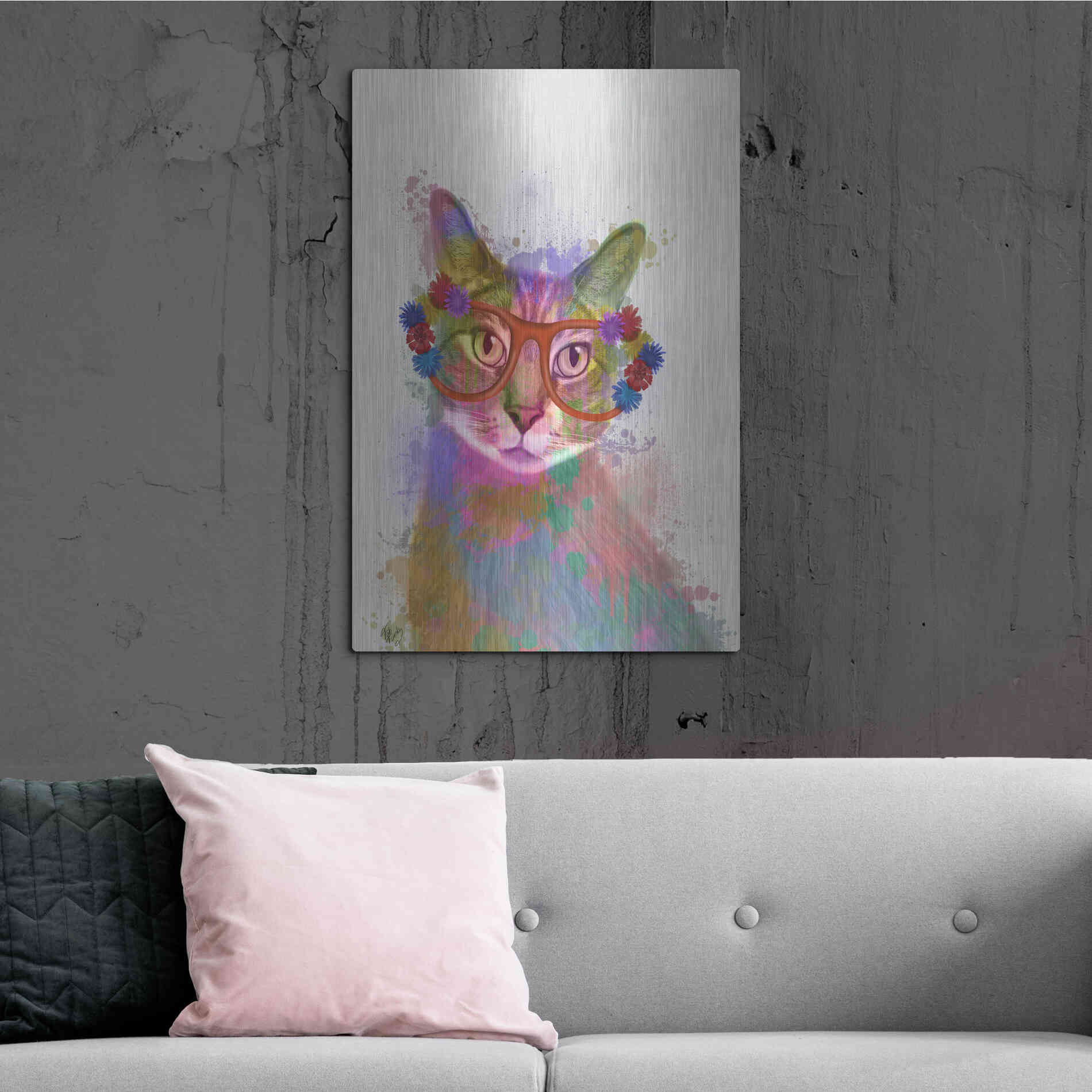 Luxe Metal Art 'Rainbow Splash Cat 1' by Fab Funky Metal Wall Art,24x36