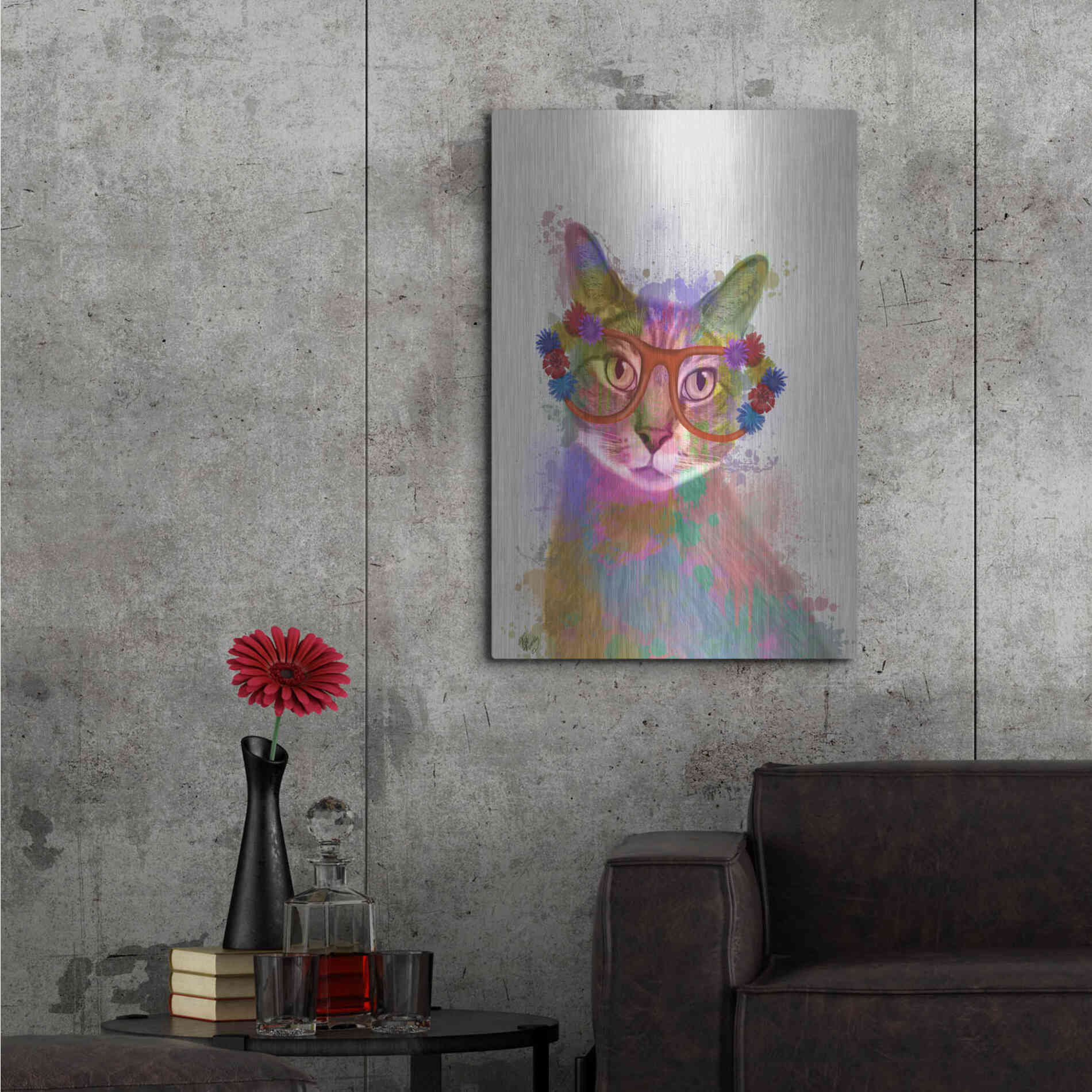 Luxe Metal Art 'Rainbow Splash Cat 1' by Fab Funky Metal Wall Art,24x36