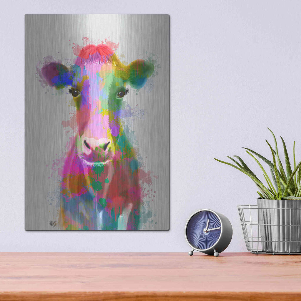 Luxe Metal Art 'Rainbow Splash Cow' by Fab Funky Metal Wall Art,12x16