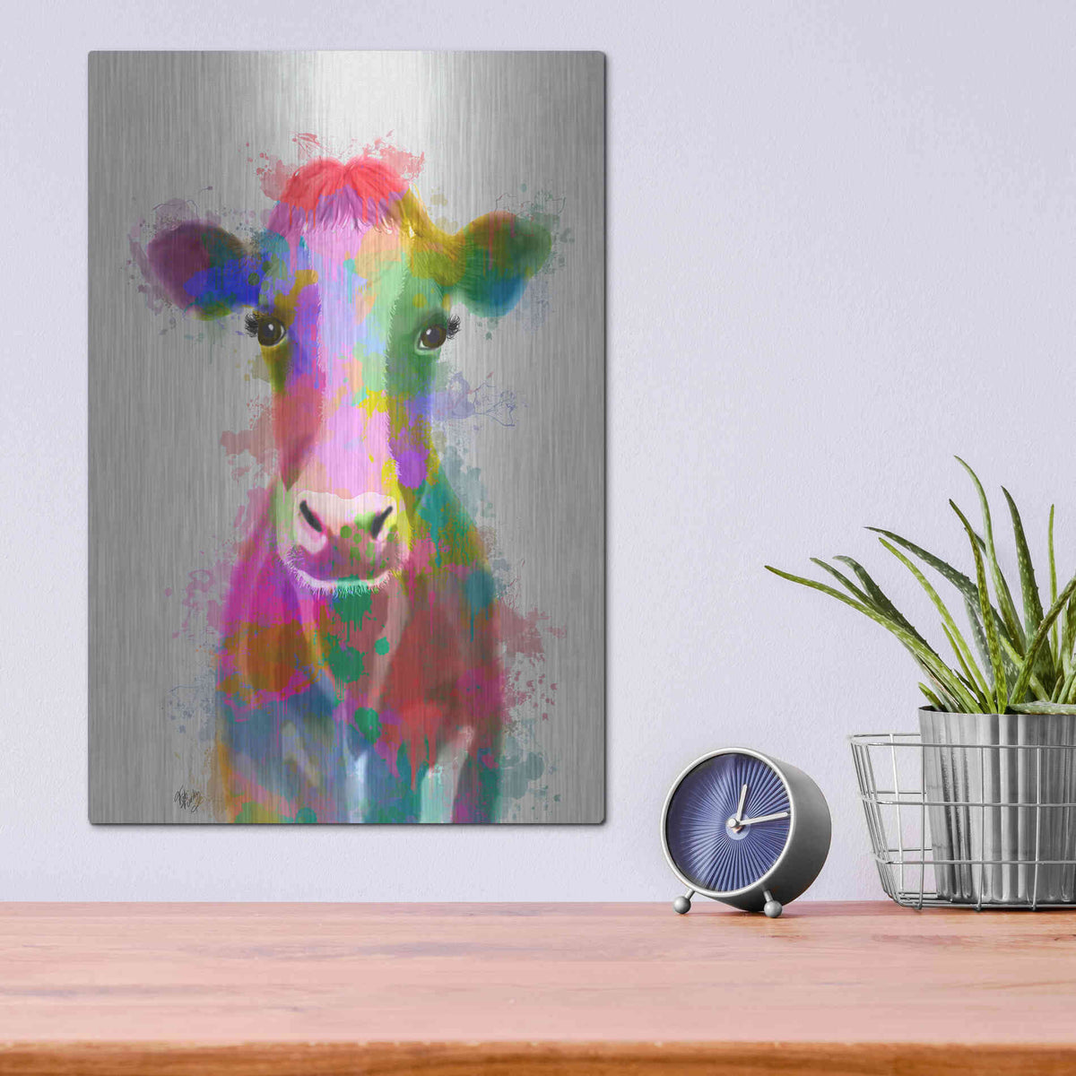 Luxe Metal Art 'Rainbow Splash Cow' by Fab Funky Metal Wall Art,12x16