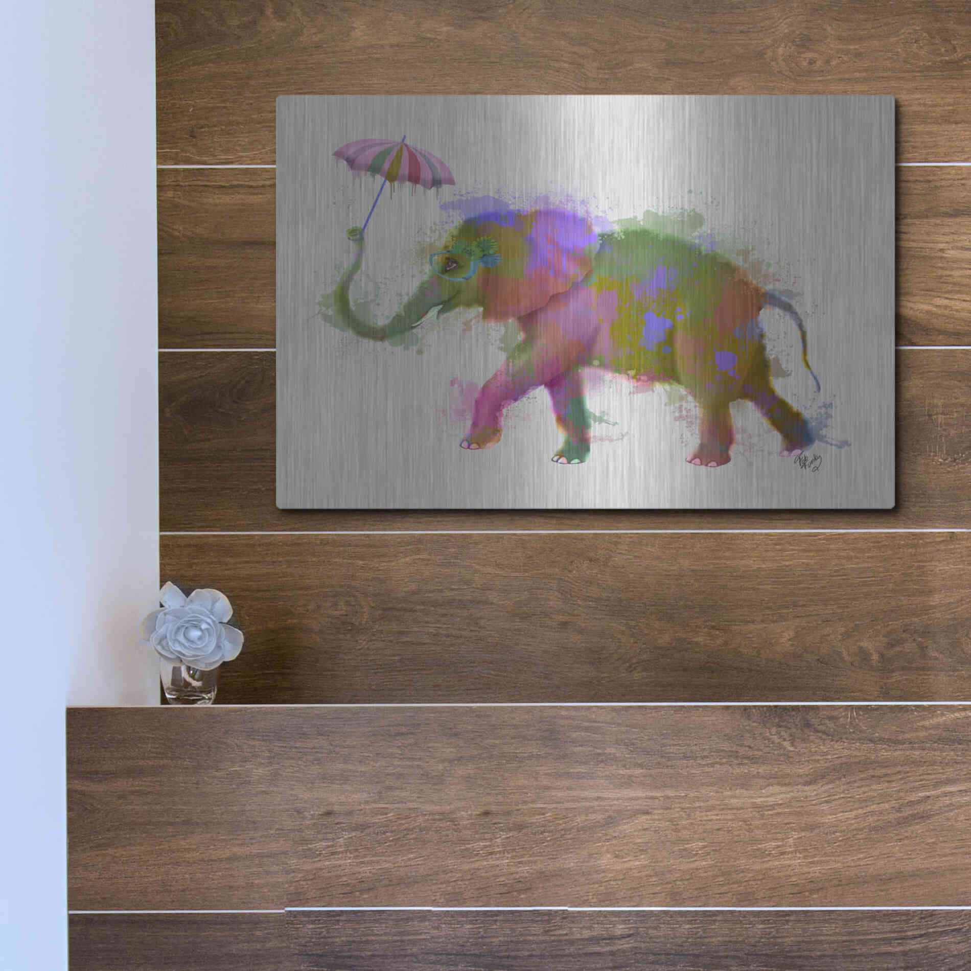 Luxe Metal Art 'Rainbow Splash Elephant' by Fab Funky Metal Wall Art,16x12