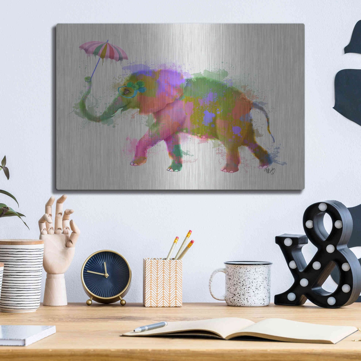 Luxe Metal Art 'Rainbow Splash Elephant' by Fab Funky Metal Wall Art,16x12