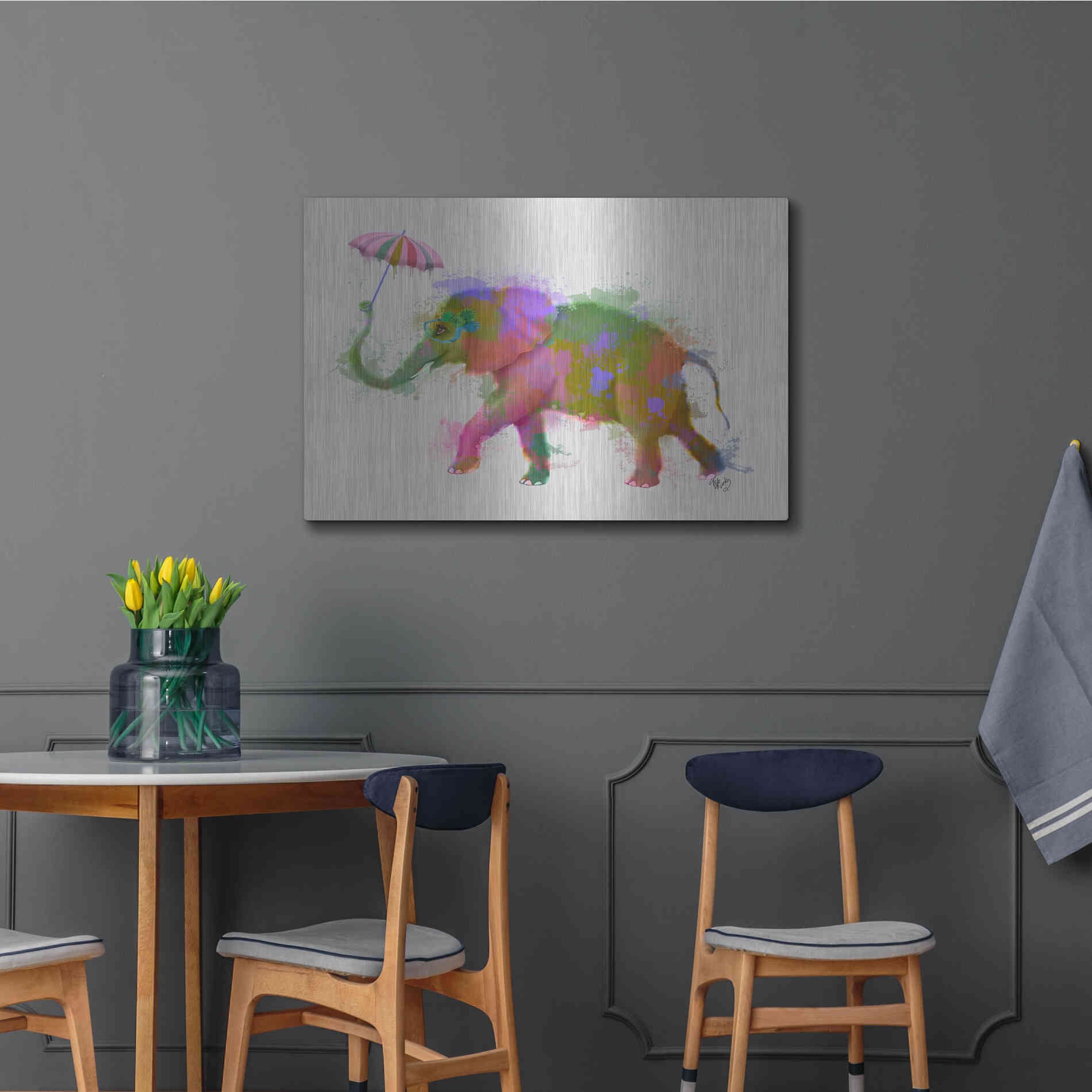 Luxe Metal Art 'Rainbow Splash Elephant' by Fab Funky Metal Wall Art,36x24