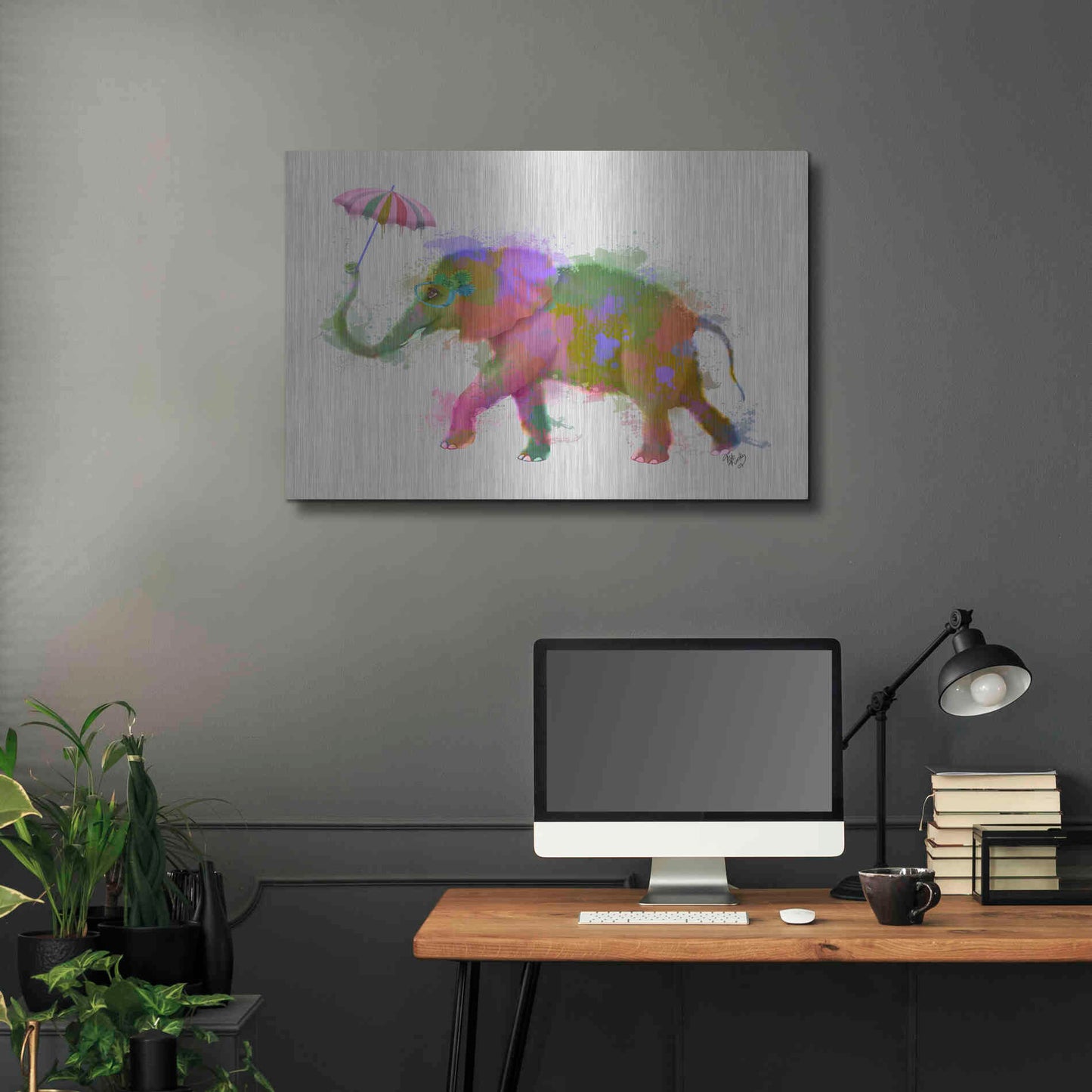 Luxe Metal Art 'Rainbow Splash Elephant' by Fab Funky Metal Wall Art,36x24