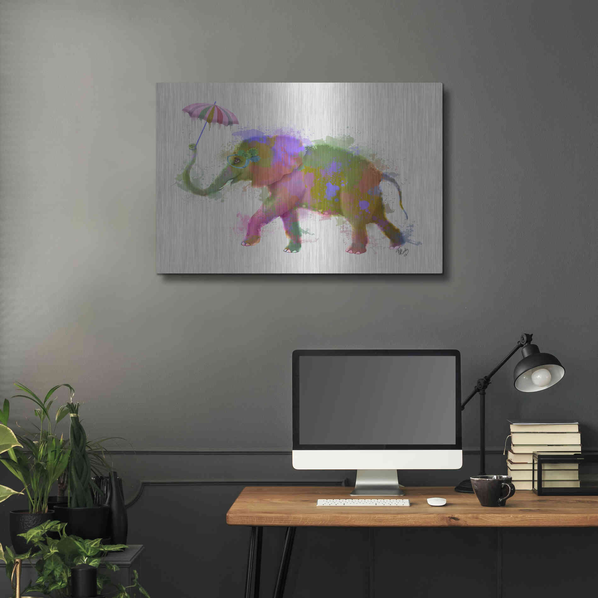 Luxe Metal Art 'Rainbow Splash Elephant' by Fab Funky Metal Wall Art,36x24