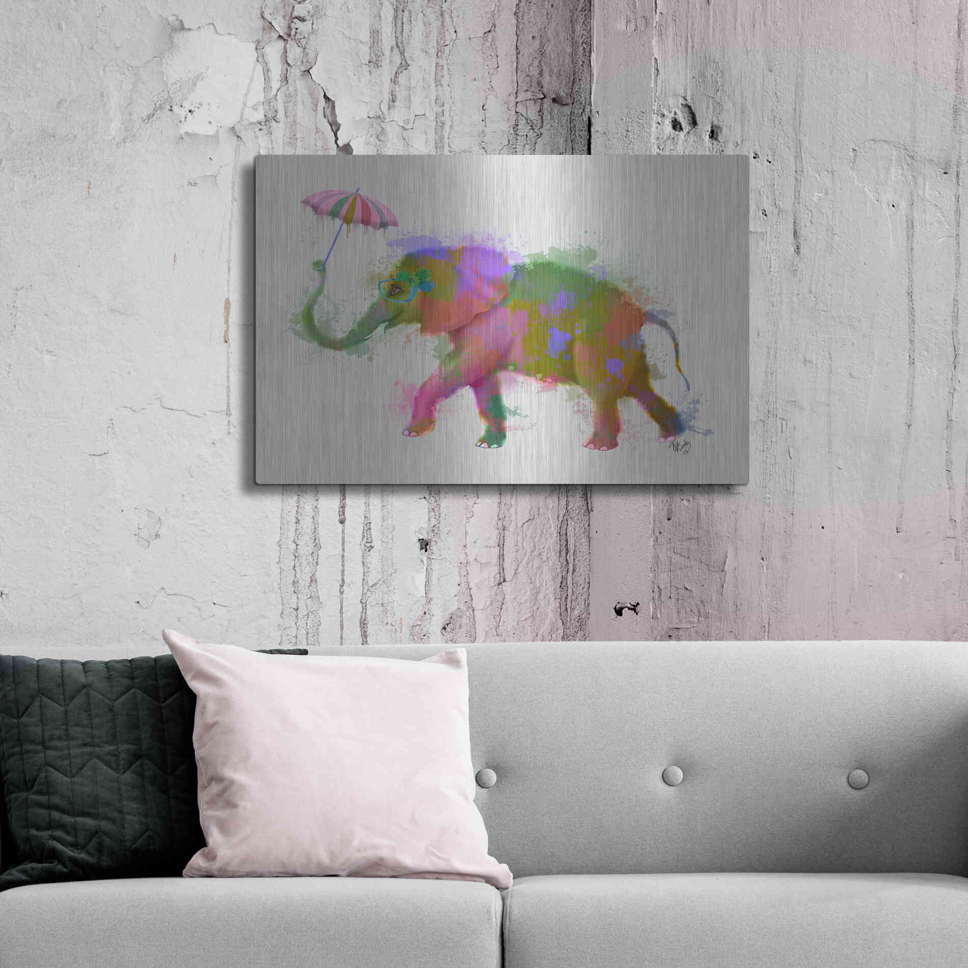 Luxe Metal Art 'Rainbow Splash Elephant' by Fab Funky Metal Wall Art,36x24