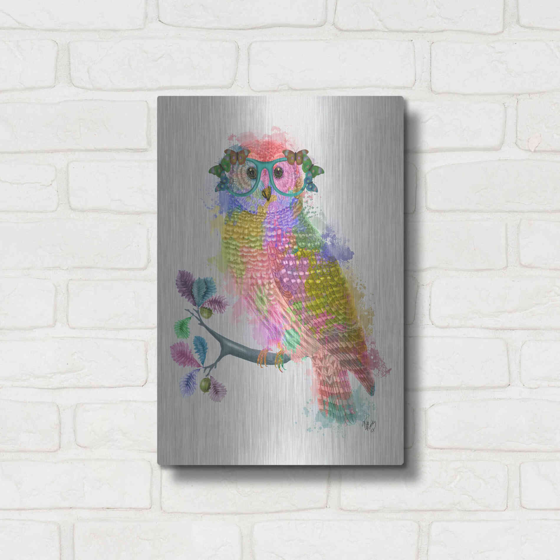 Luxe Metal Art 'Rainbow Splash Owl' by Fab Funky Metal Wall Art,12x16