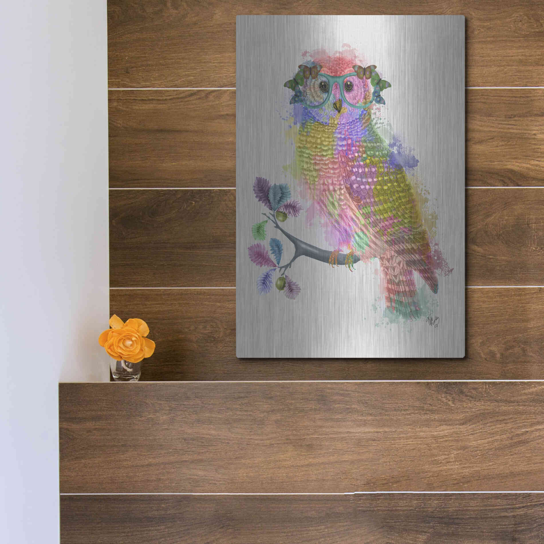 Luxe Metal Art 'Rainbow Splash Owl' by Fab Funky Metal Wall Art,12x16