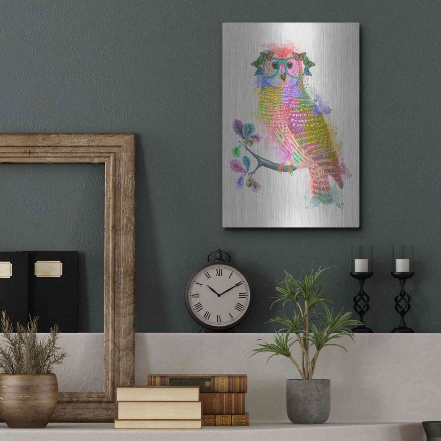 Luxe Metal Art 'Rainbow Splash Owl' by Fab Funky Metal Wall Art,12x16