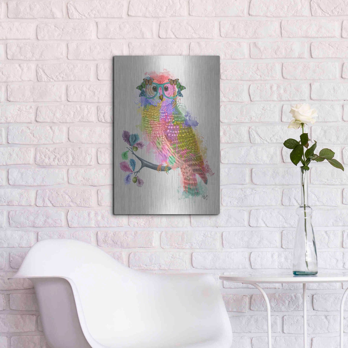 Luxe Metal Art 'Rainbow Splash Owl' by Fab Funky Metal Wall Art,16x24