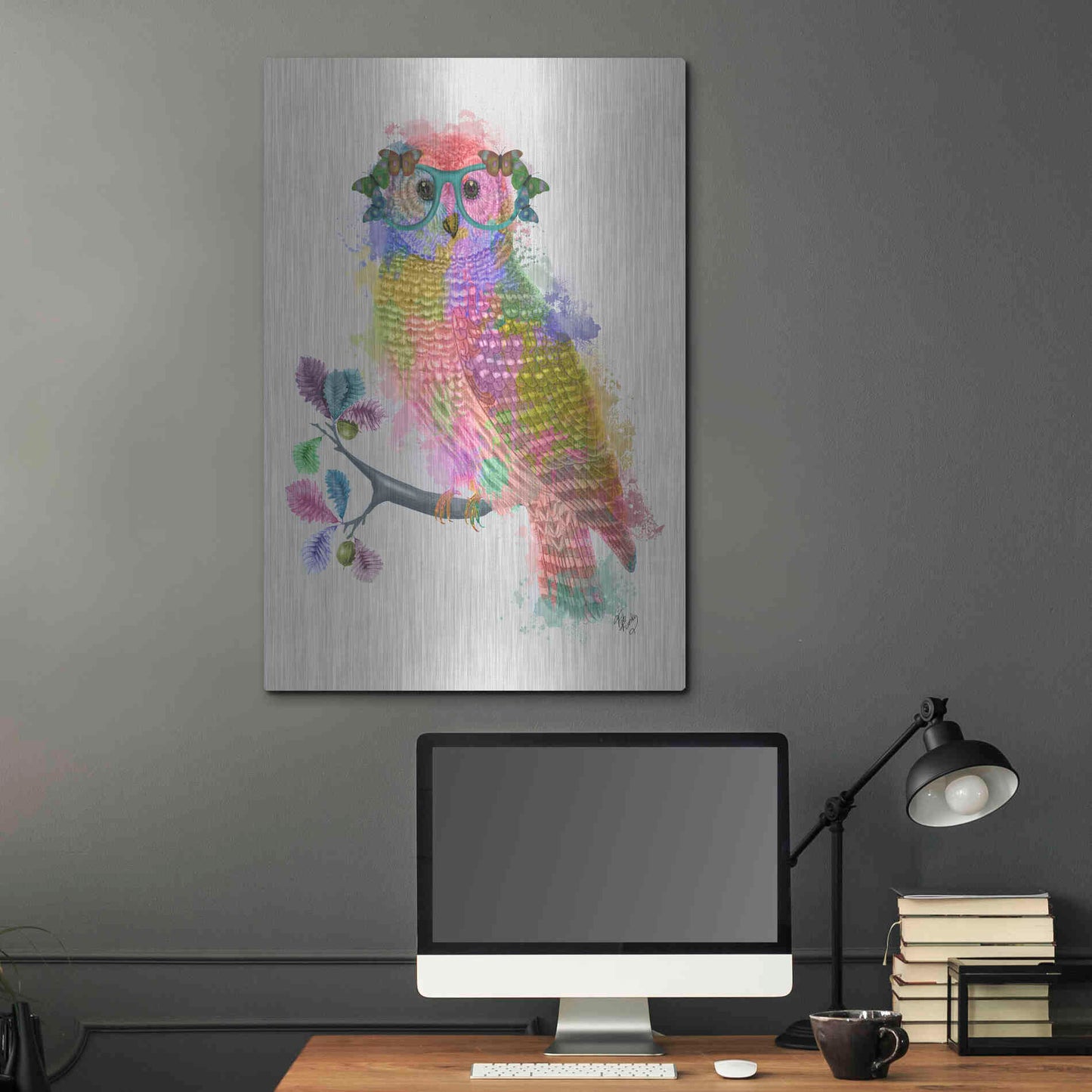 Luxe Metal Art 'Rainbow Splash Owl' by Fab Funky Metal Wall Art,24x36