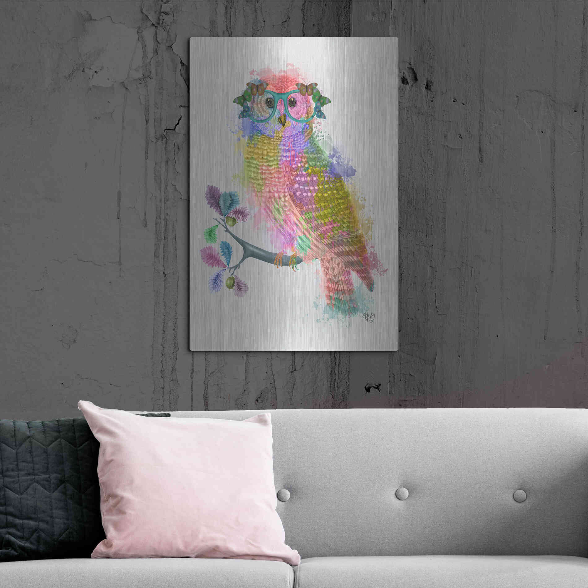 Luxe Metal Art 'Rainbow Splash Owl' by Fab Funky Metal Wall Art,24x36