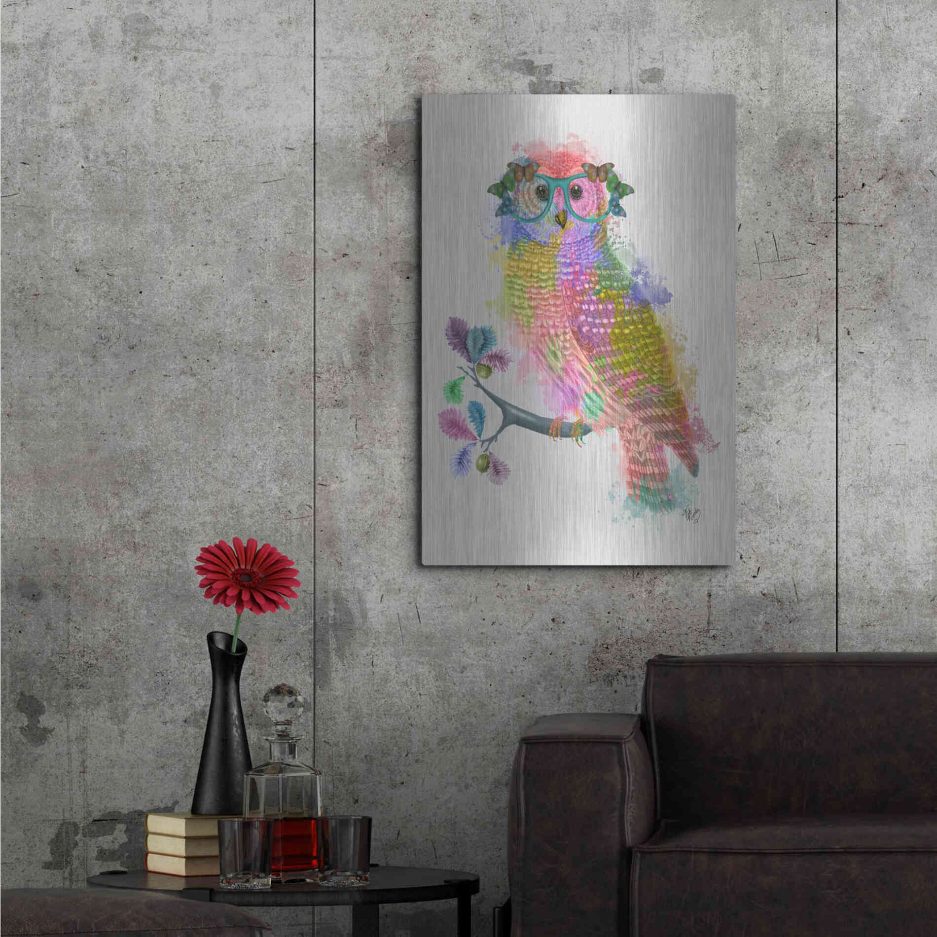 Luxe Metal Art 'Rainbow Splash Owl' by Fab Funky Metal Wall Art,24x36