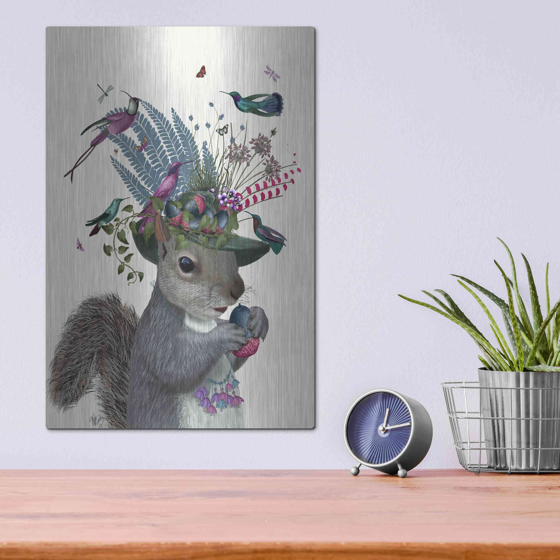 Luxe Metal Art 'Squirrel Birdkeeper and Blue Acorns' by Fab Funky Metal Wall Art,12x16