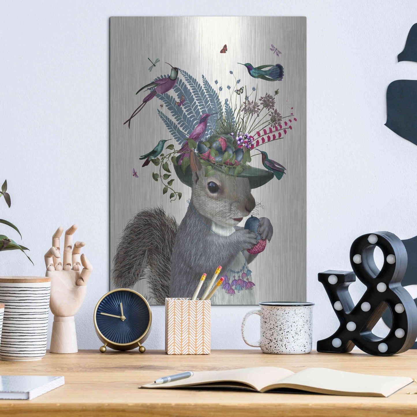 Luxe Metal Art 'Squirrel Birdkeeper and Blue Acorns' by Fab Funky Metal Wall Art,12x16