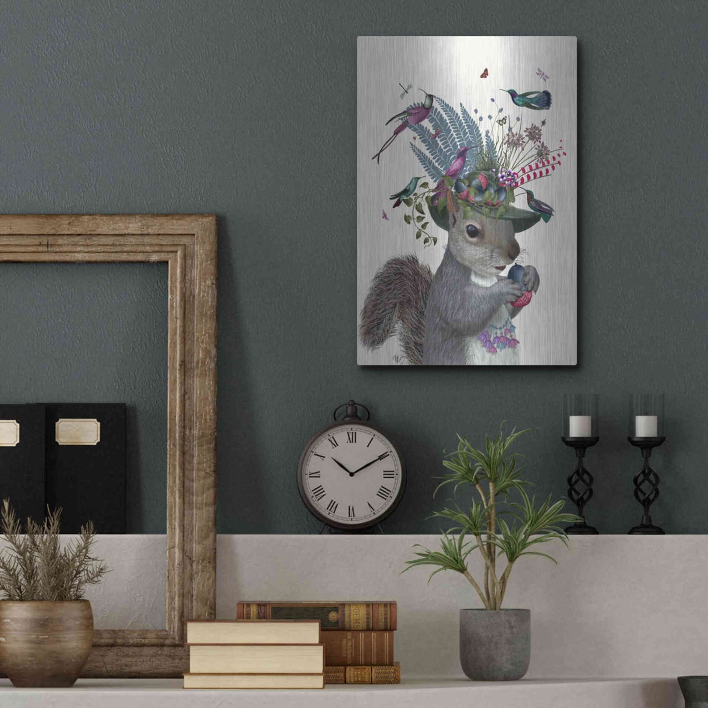 Luxe Metal Art 'Squirrel Birdkeeper and Blue Acorns' by Fab Funky Metal Wall Art,12x16