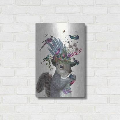 Luxe Metal Art 'Squirrel Birdkeeper and Blue Acorns' by Fab Funky Metal Wall Art,16x24