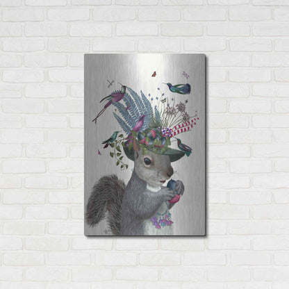 Luxe Metal Art 'Squirrel Birdkeeper and Blue Acorns' by Fab Funky Metal Wall Art,24x36