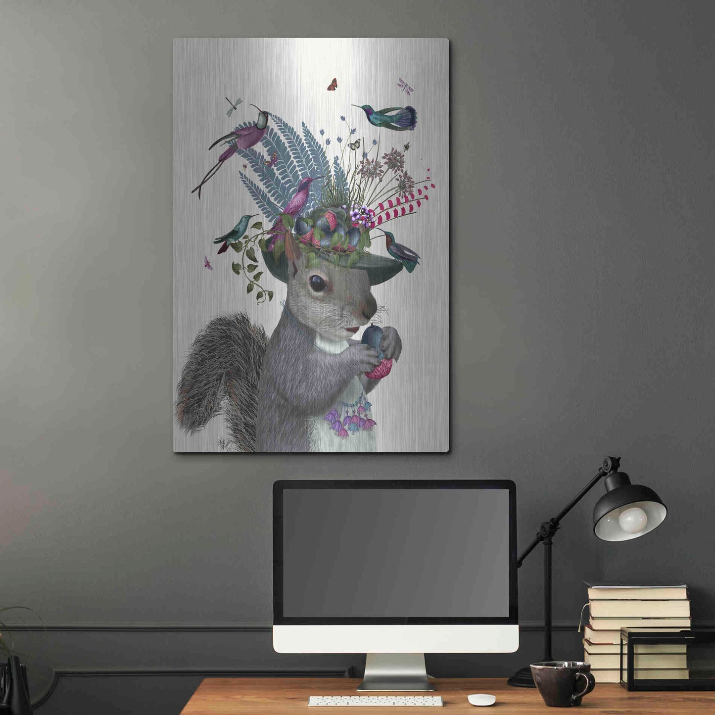 Luxe Metal Art 'Squirrel Birdkeeper and Blue Acorns' by Fab Funky Metal Wall Art,24x36