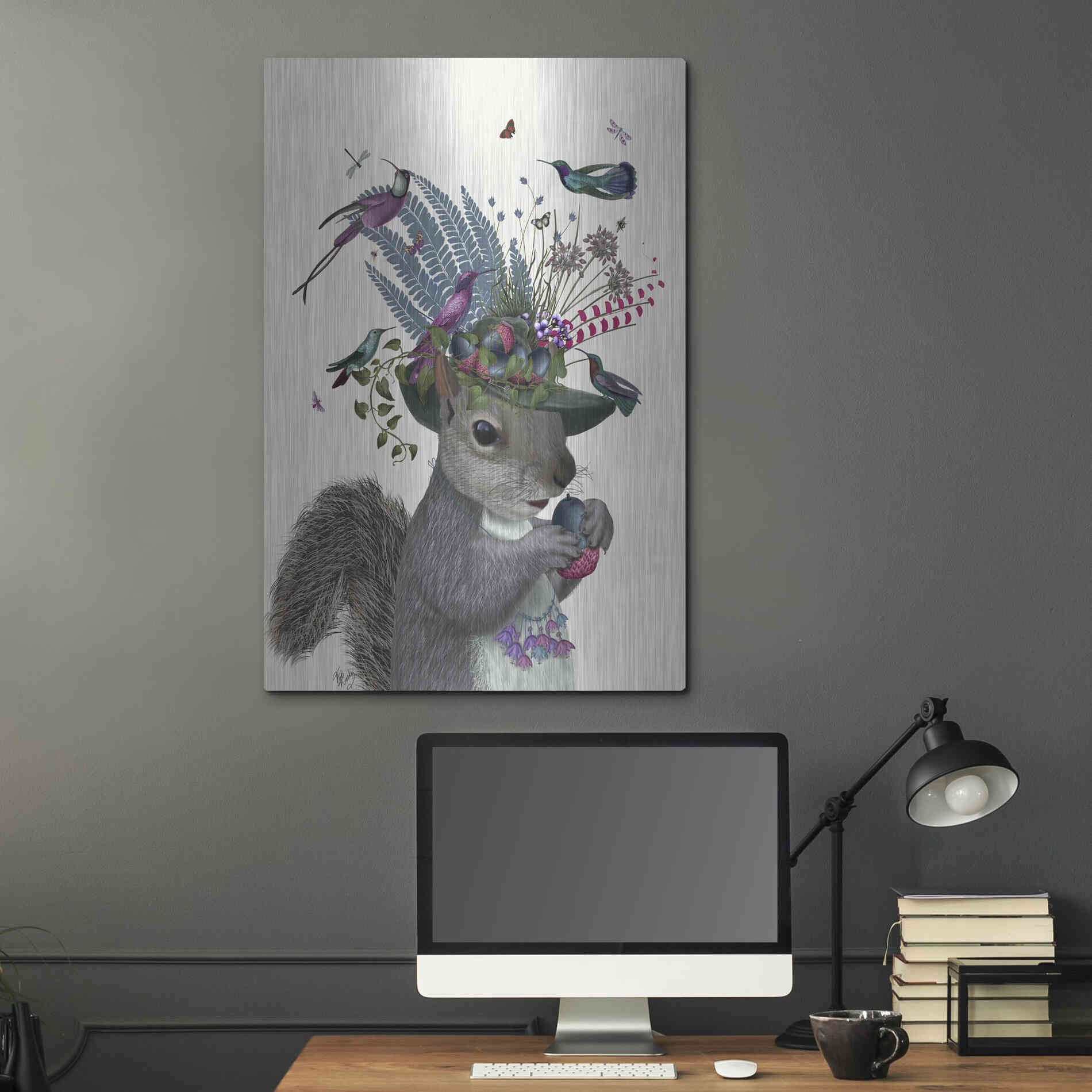 Luxe Metal Art 'Squirrel Birdkeeper and Blue Acorns' by Fab Funky Metal Wall Art,24x36