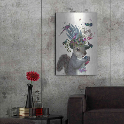 Luxe Metal Art 'Squirrel Birdkeeper and Blue Acorns' by Fab Funky Metal Wall Art,24x36