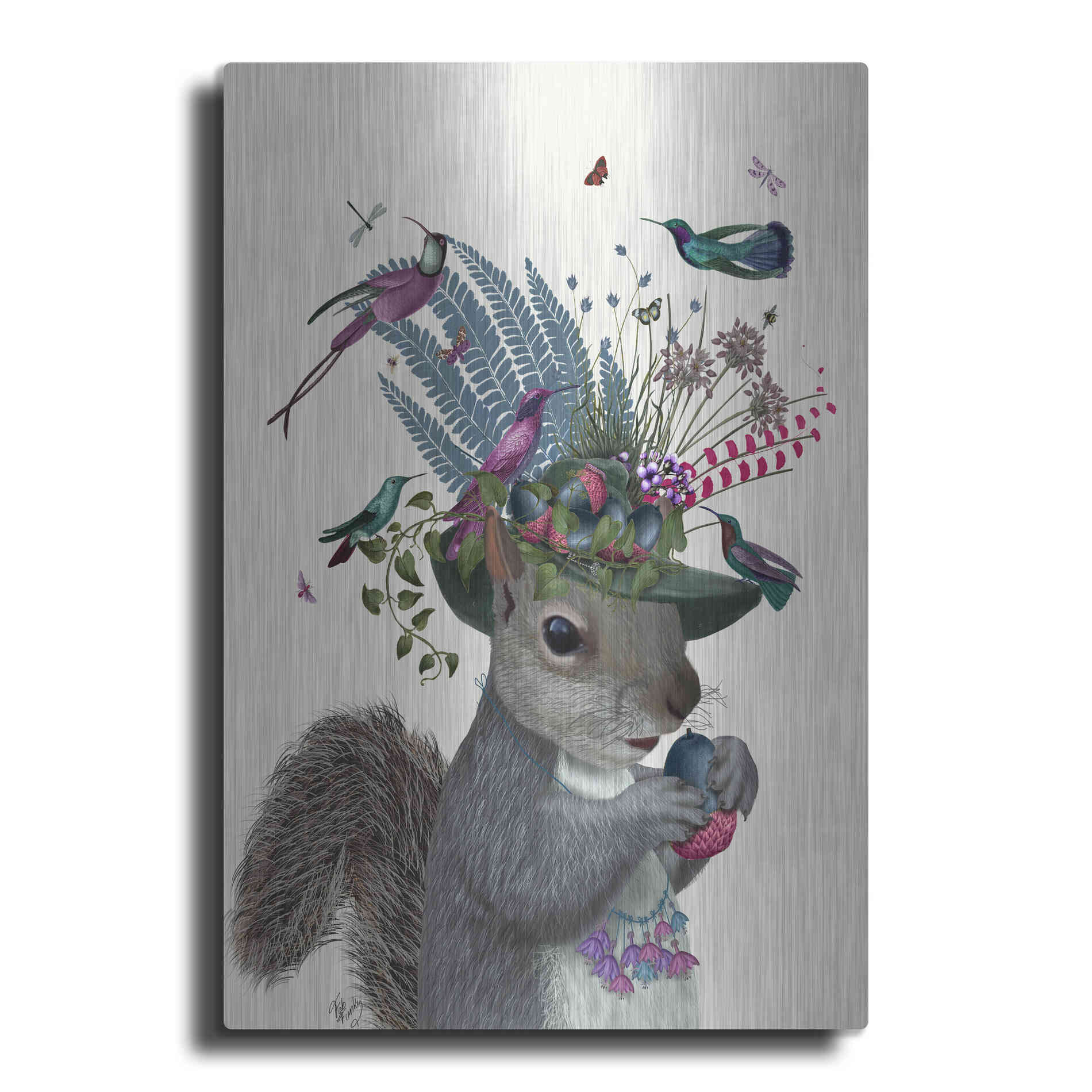 Luxe Metal Art 'Squirrel Birdkeeper and Blue Acorns' by Fab Funky Metal Wall Art